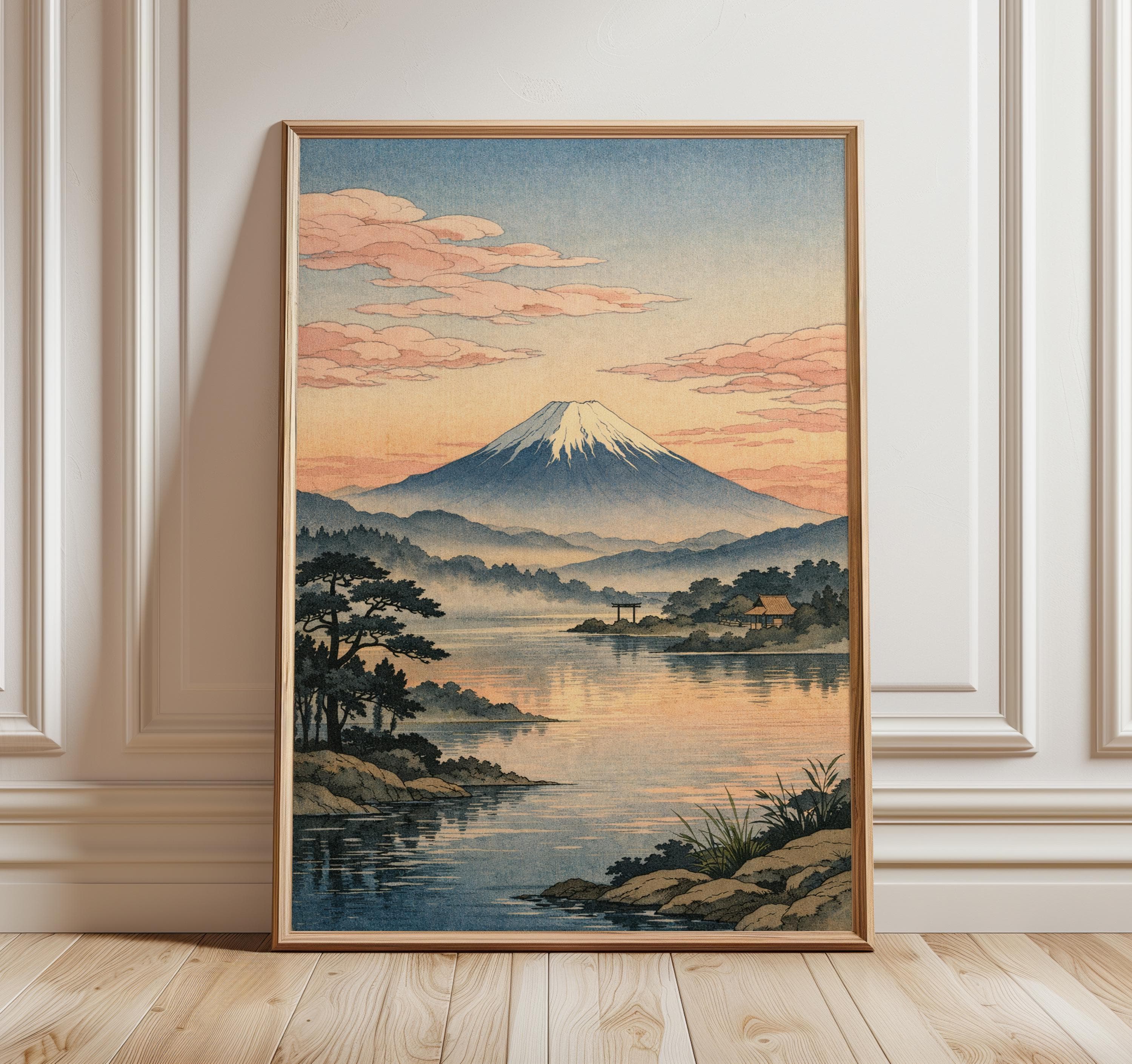 Mount Fuji Japanese Wall Art Print, Ukiyo-e Landscape Poster, Vintage Japan Lake Scene, Zen Decor, Sunrise Mountain Artwork