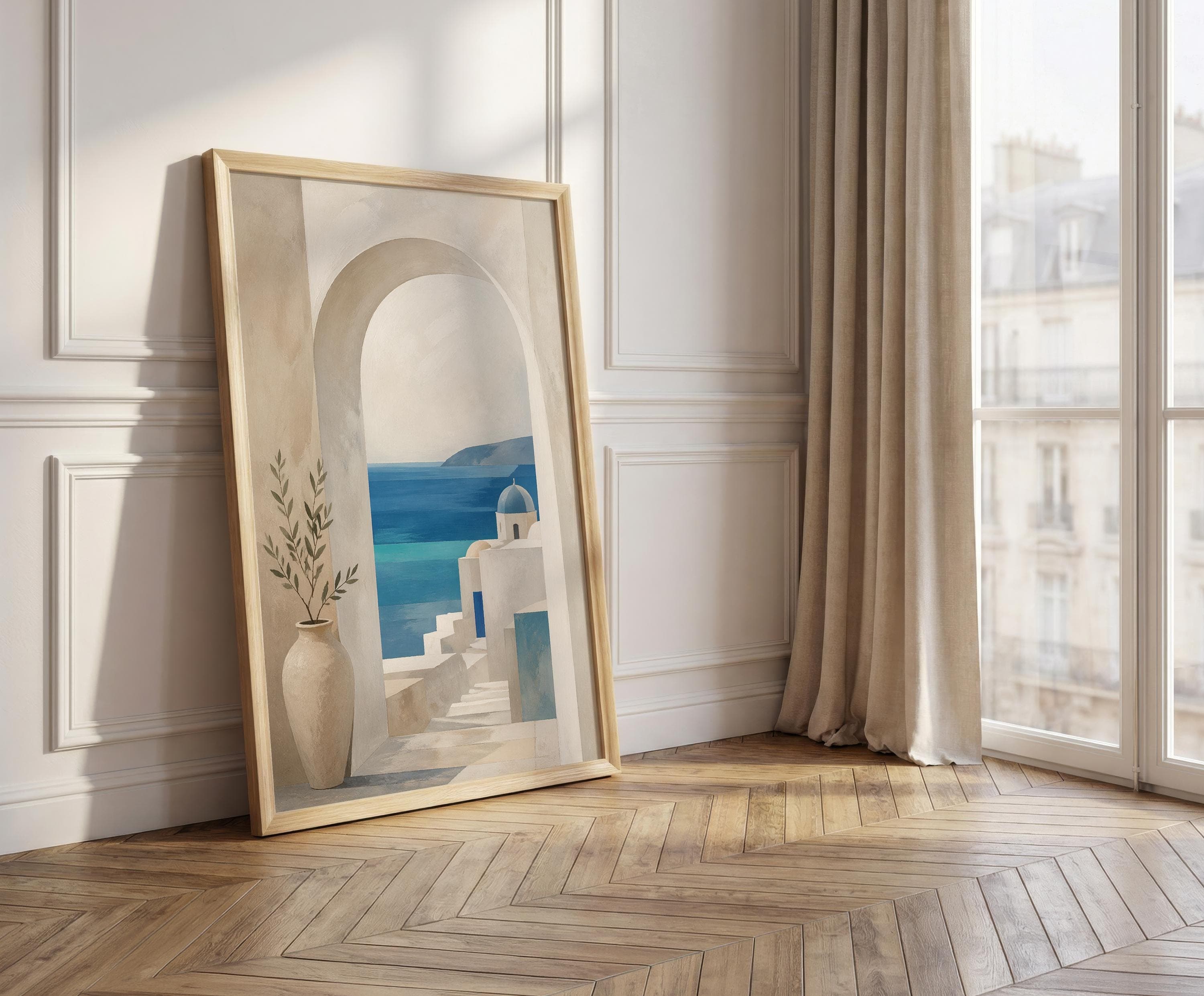Mediterranean Arch Wall Art, Santorini Minimal Print, Neutral Coastal Decor, Blue Sea View Poster, Japandi Style Wall Art - image 5