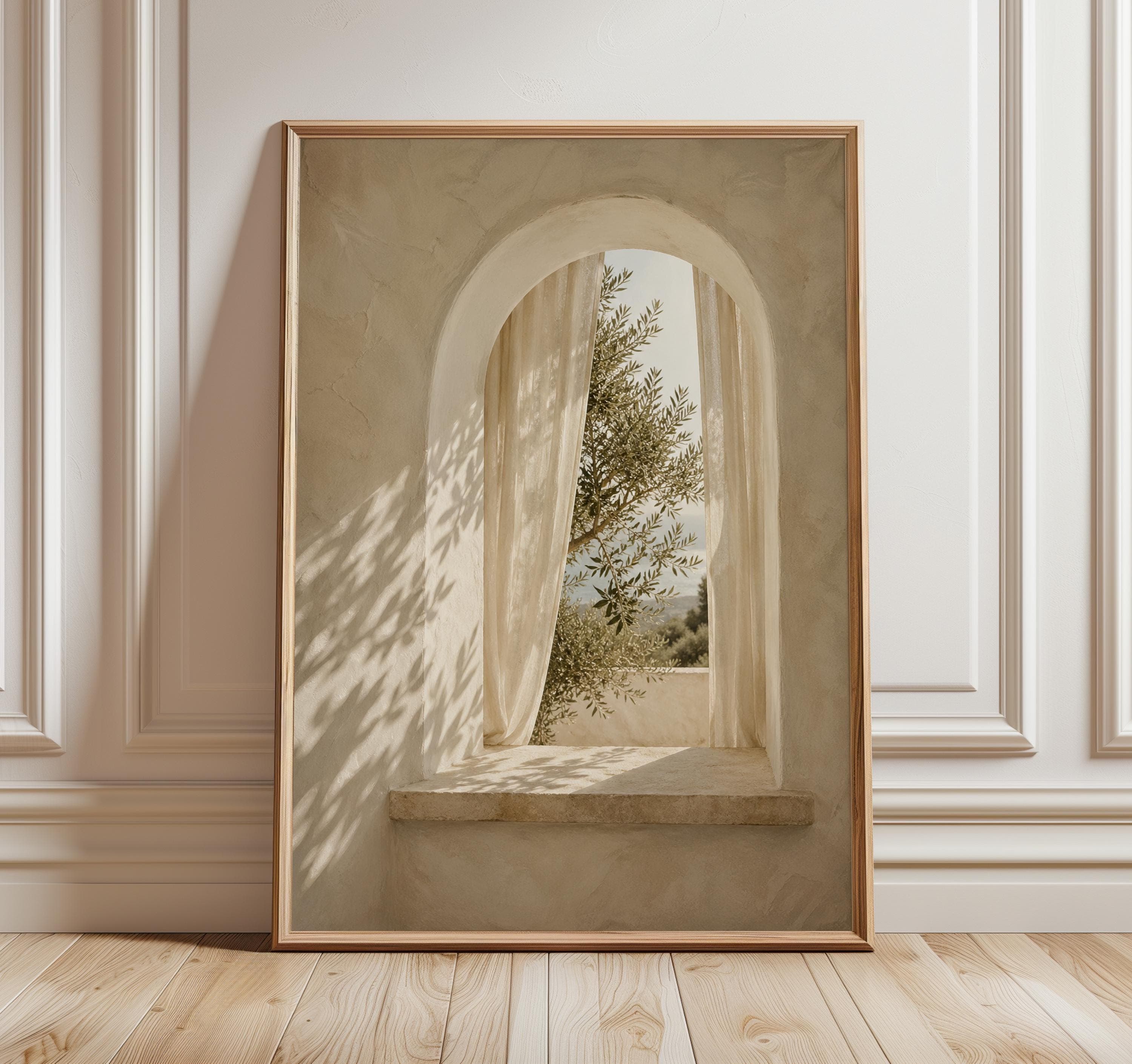 Mediterranean Window Wall Art, Arched Olive Tree Print, Neutral Coastal Villa Decor, Japandi Beige Window Poster