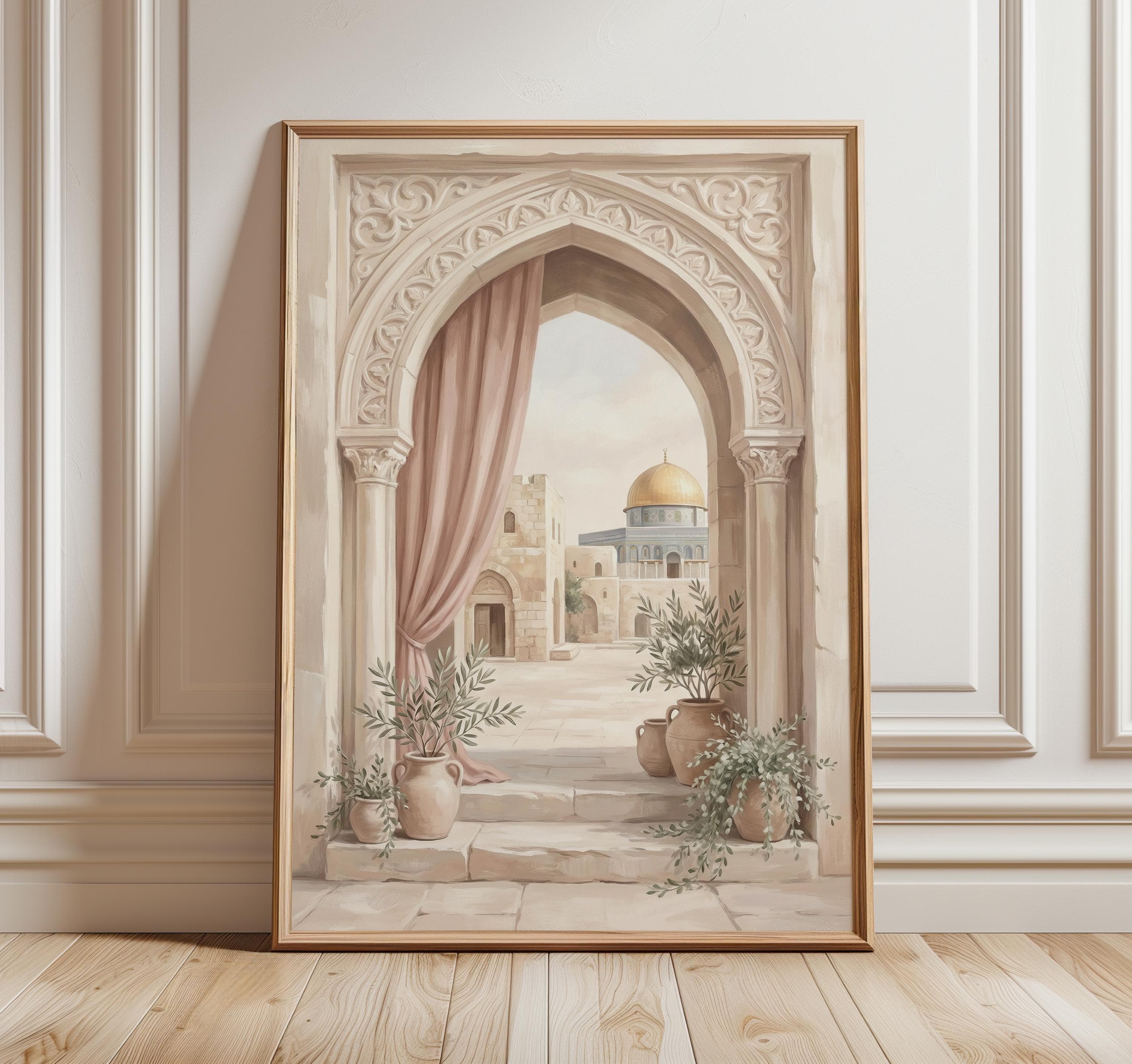 Al Aqsa Archway Wall Art, Dome of the Rock Print, Palestine Islamic Decor, Soft Neutral Islamic Artwork, Blush Middle East Art