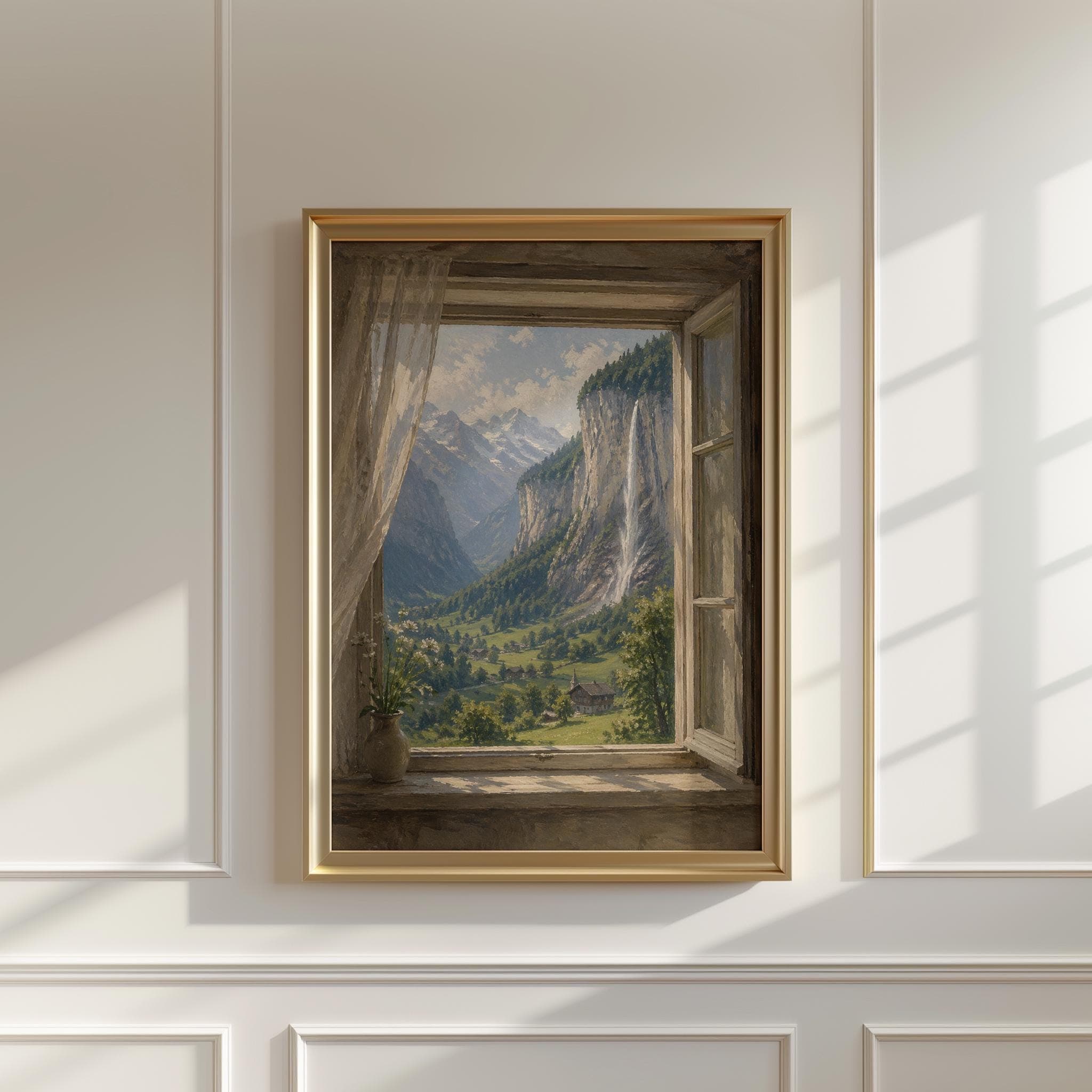 Lauterbrunnen Valley Window View Print, Swiss Alps Wall Art, Staubbach Falls Painting, Switzerland Landscape, Alpine Wall Decor - image 4