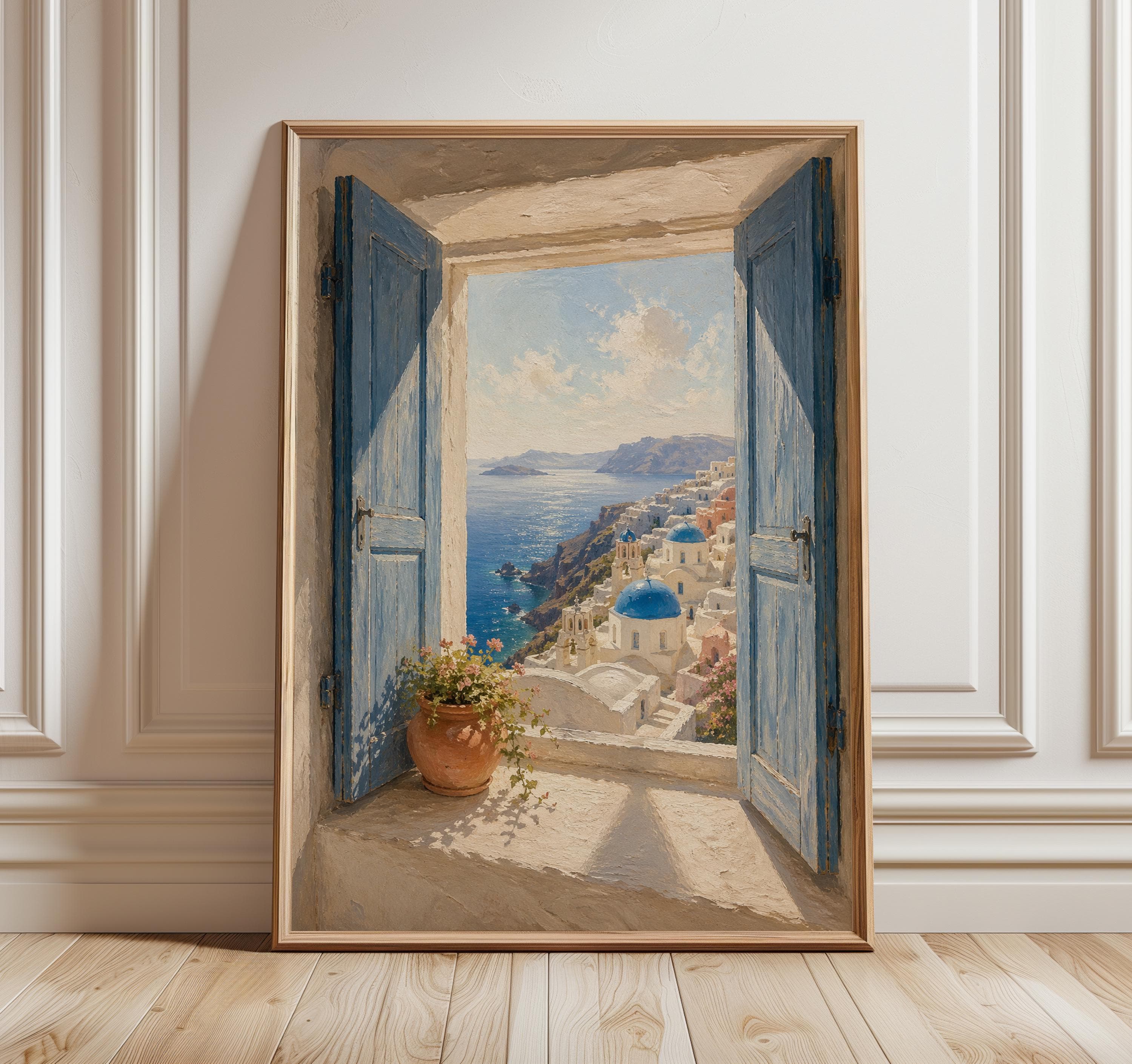 Santorini Wall Art Print, Greek Island Window View, Blue Shutters Sea View, Mediterranean Coastal Decor, Oia Greece Poster