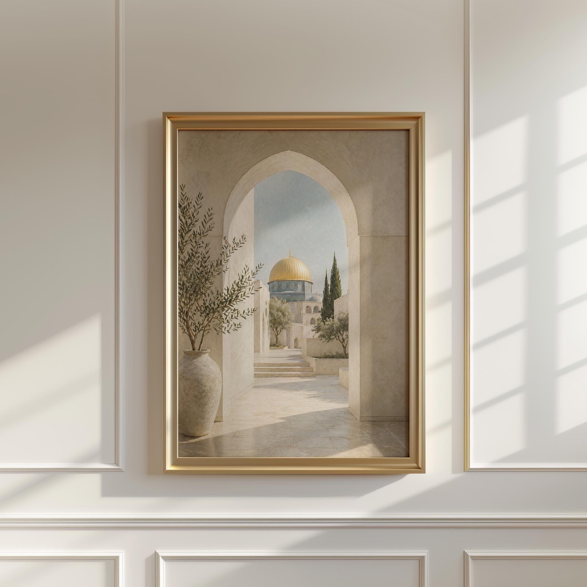 Al Aqsa Palestine Wall Art Print, Islamic Mosque Poster, Golden Dome Artwork, Neutral Mediterranean Archway Decor - image 4
