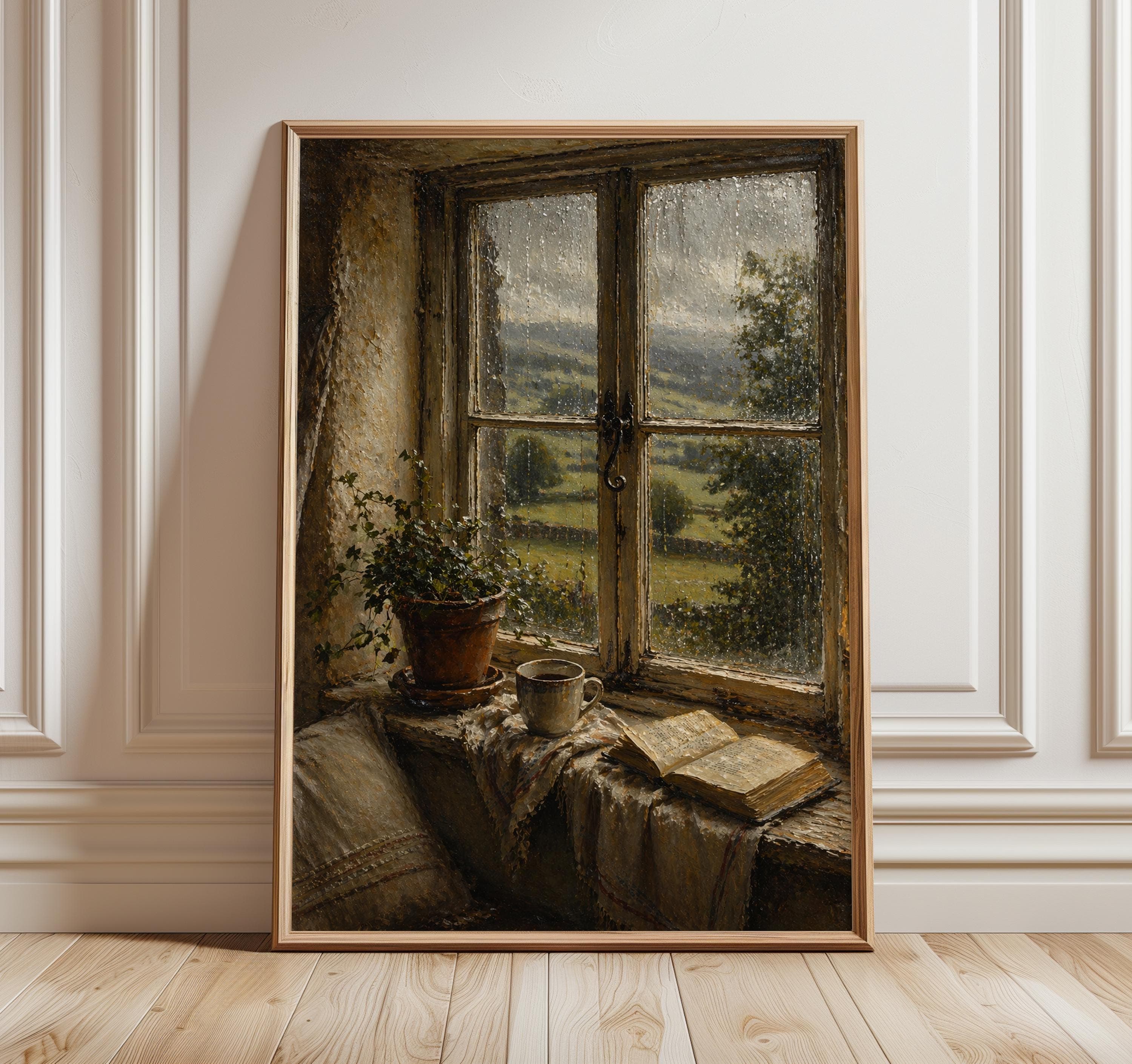Cozy Wall Art, Rainy Window Print, Cottagecore Decor, English Countryside Artwork, Rustic Reading Nook Painting