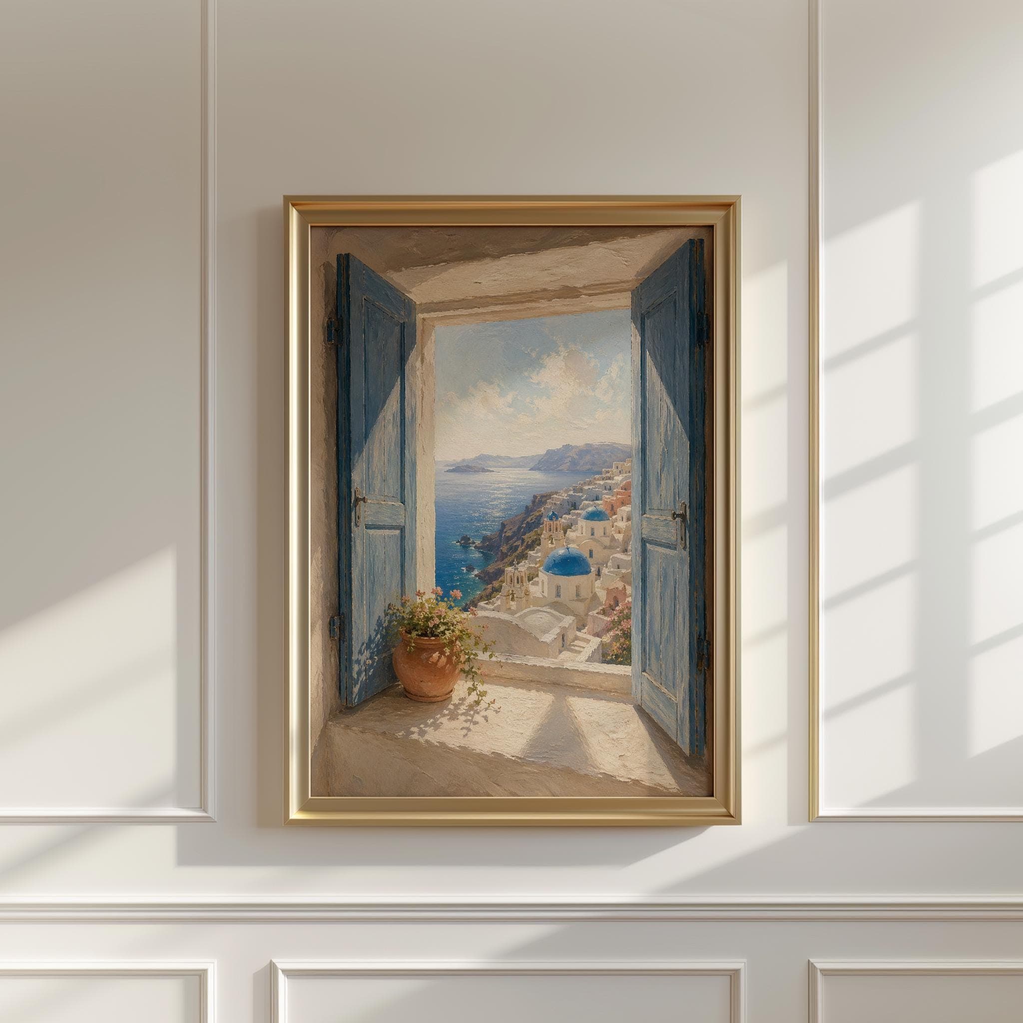 Santorini Wall Art Print, Greek Island Window View, Blue Shutters Sea View, Mediterranean Coastal Decor, Oia Greece Poster - image 4