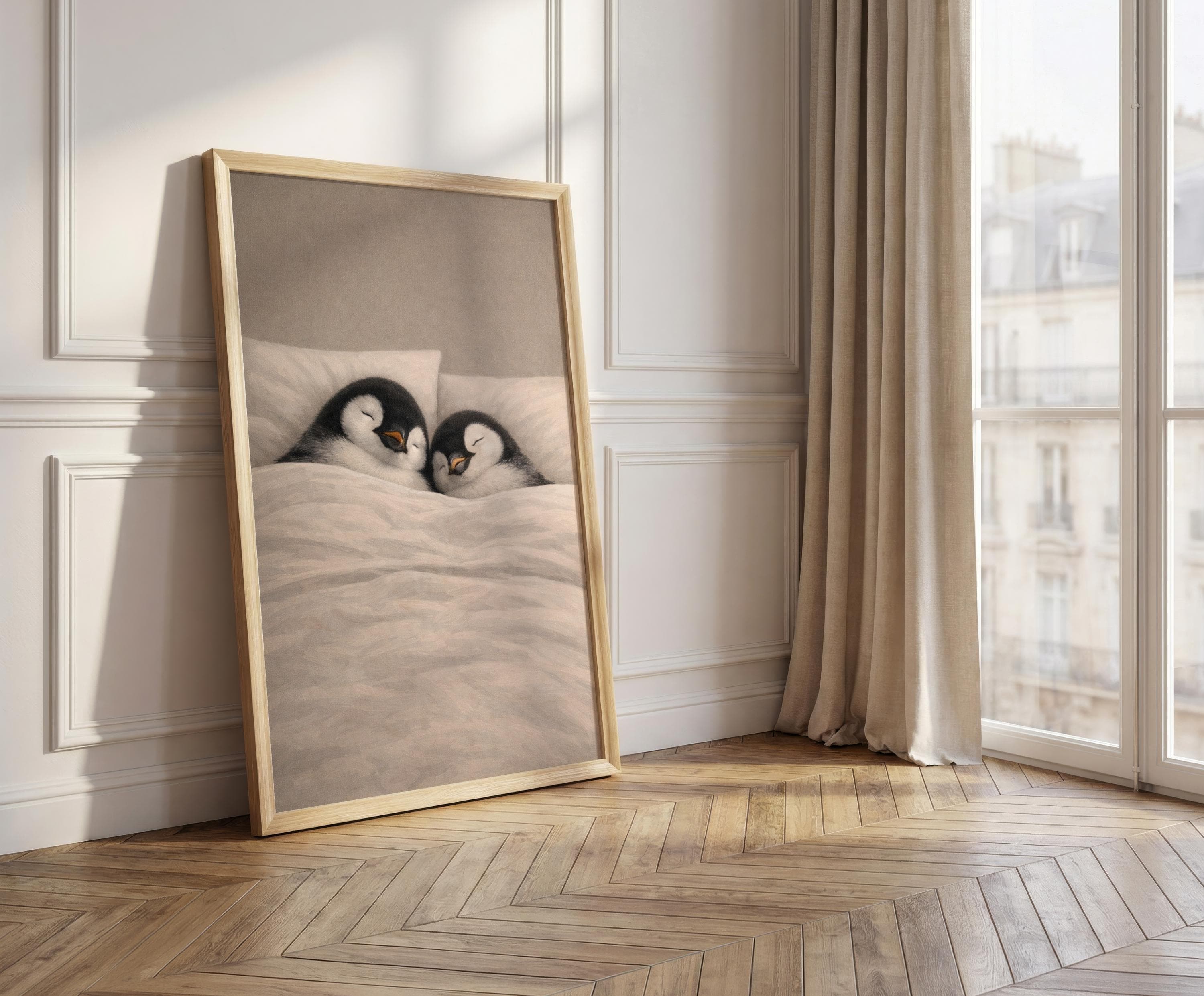 Sleeping Penguins Art Print – Cozy Animal Couple, Neutral Bedroom Decor - image 3