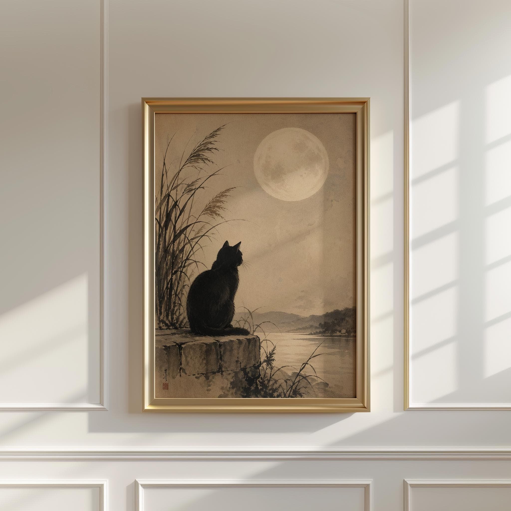 Black Cat Wall Art, Japandi Moon Print, Zen Cat Artwork, Japanese Style Night Landscape, Minimalist Neutral Animal Decor - image 3