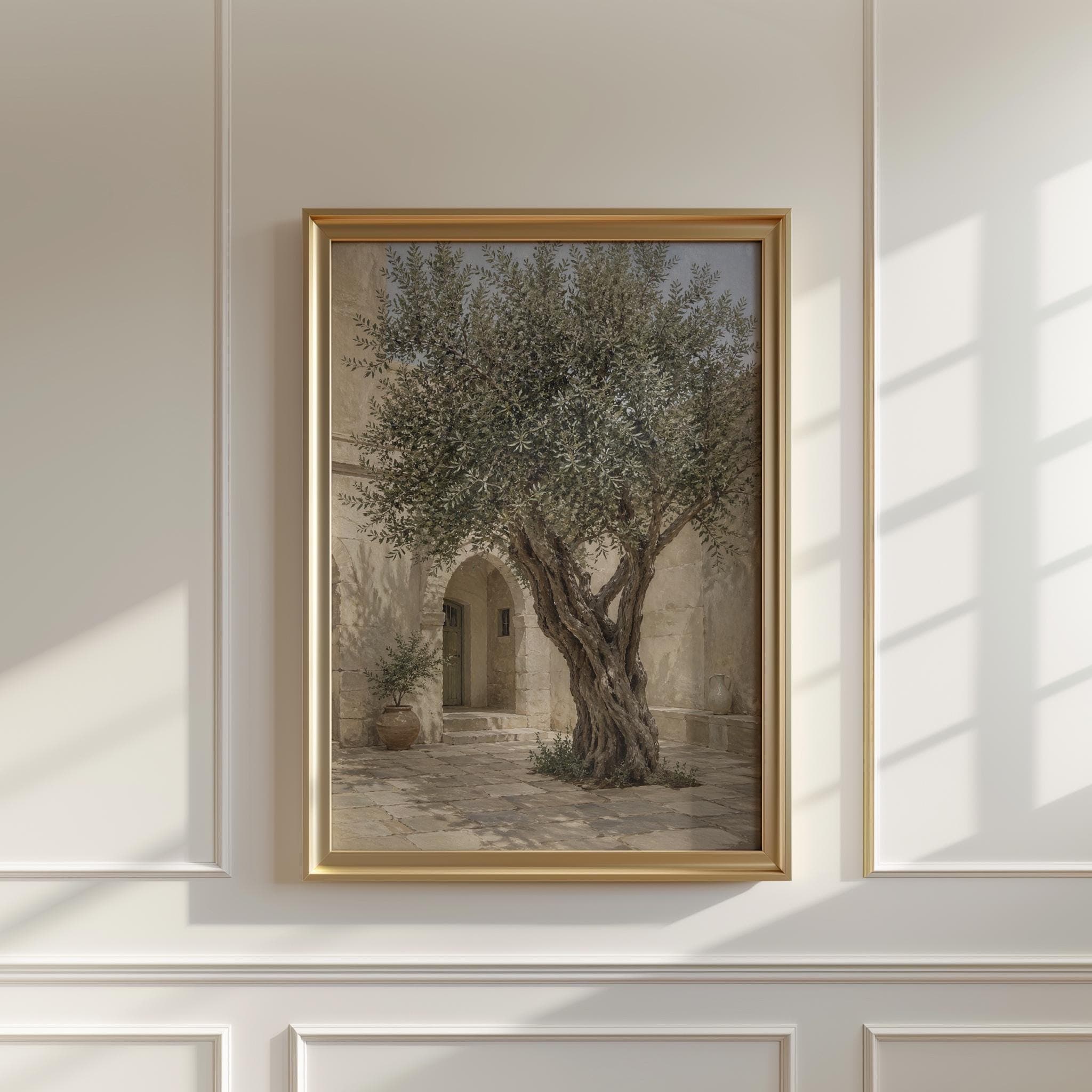 Olive Tree Courtyard Print, Neutral Mediterranean Wall Art, Beige Stone Architecture Painting, Rustic Fine Art Decor - image 4