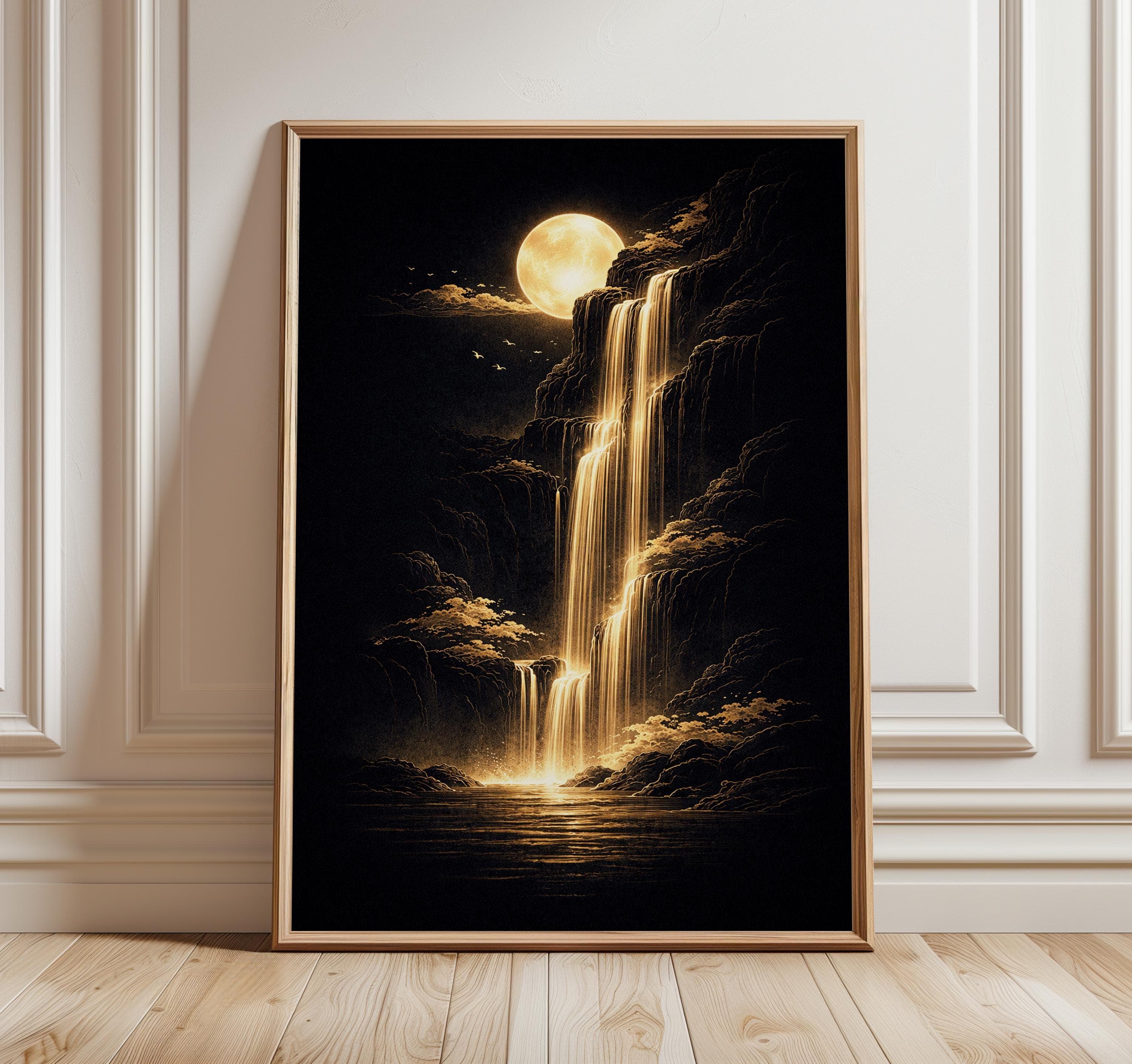 Waterfall Wall Art Gold Black Poster, Moon Waterfall Print, Japandi Wall Art, Zen Landscape Artwork, Luxury Asian Decor