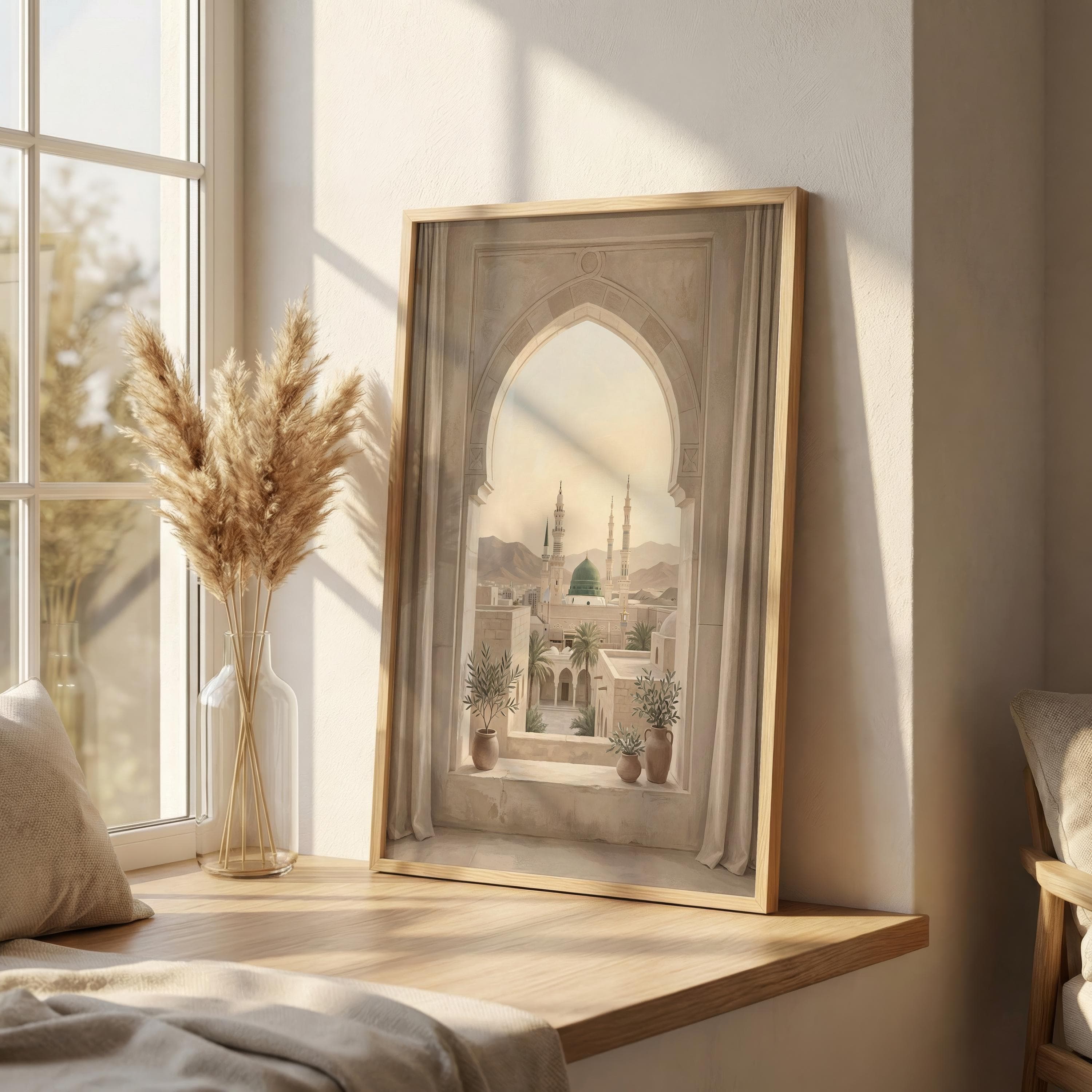 Medina Wall Art Print, Al Masjid An Nabawi Islamic Art, Green Dome Mosque Painting, Neutral Muslim Home Decor Poster - image 3