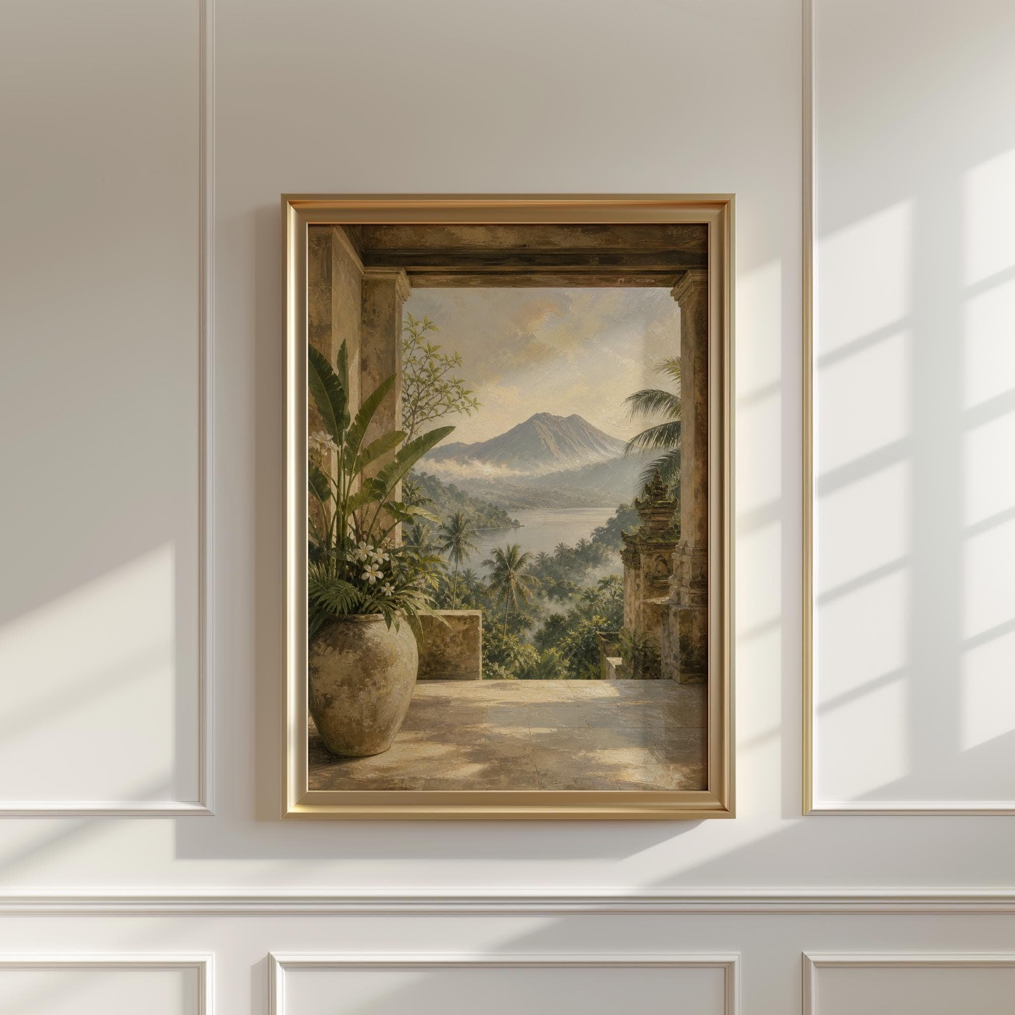 Bali Wall Art Print, Mount Batur Lake View Painting, Tropical Jungle Villa Art, Luxury Bali Landscape Poster - image 3