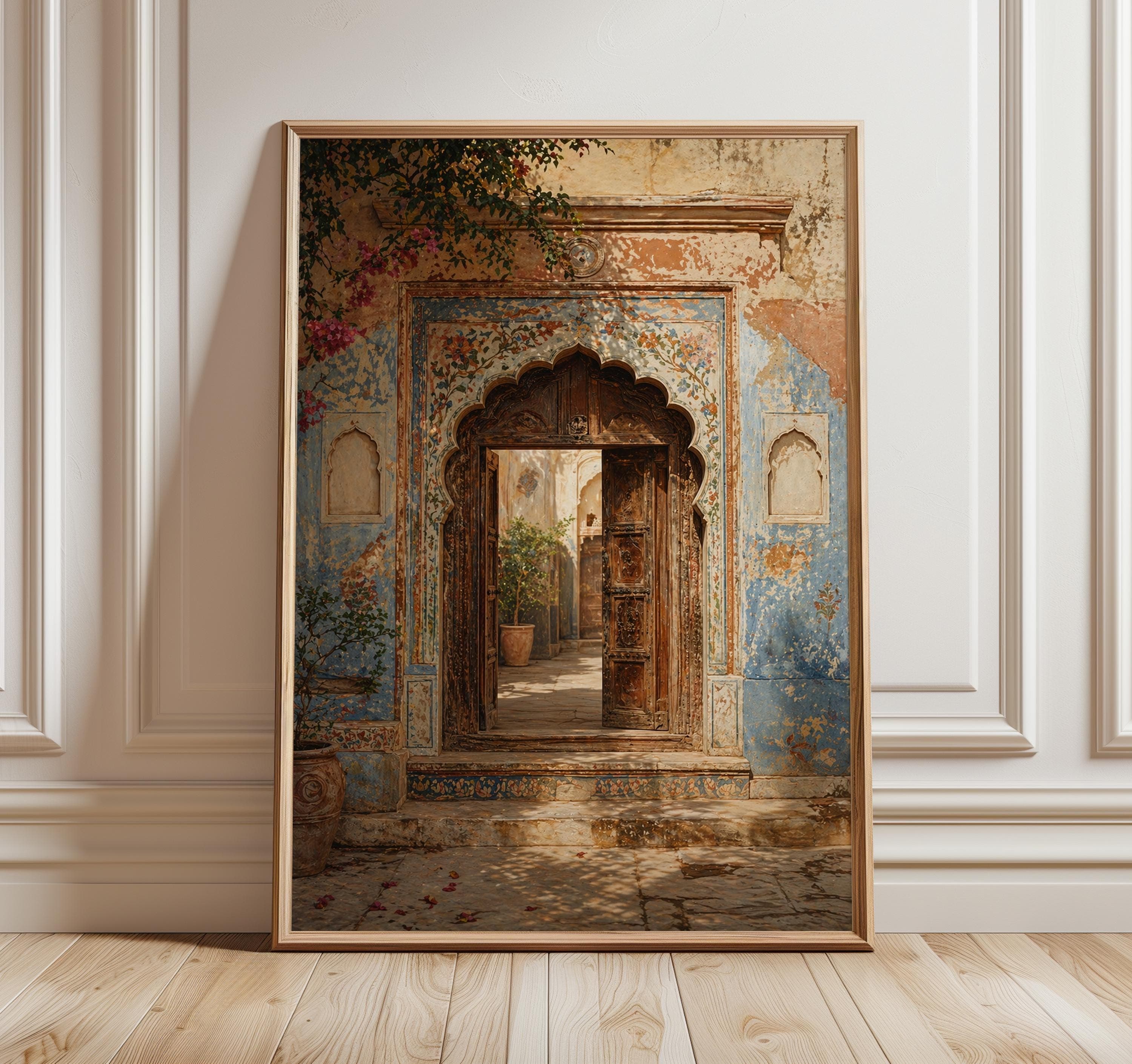Rajasthani Haveli Doorway Wall Art, Indian Architecture Print, Blue Jaipur Arch, Vintage Palace Entrance Decor, Mughal Style Poster