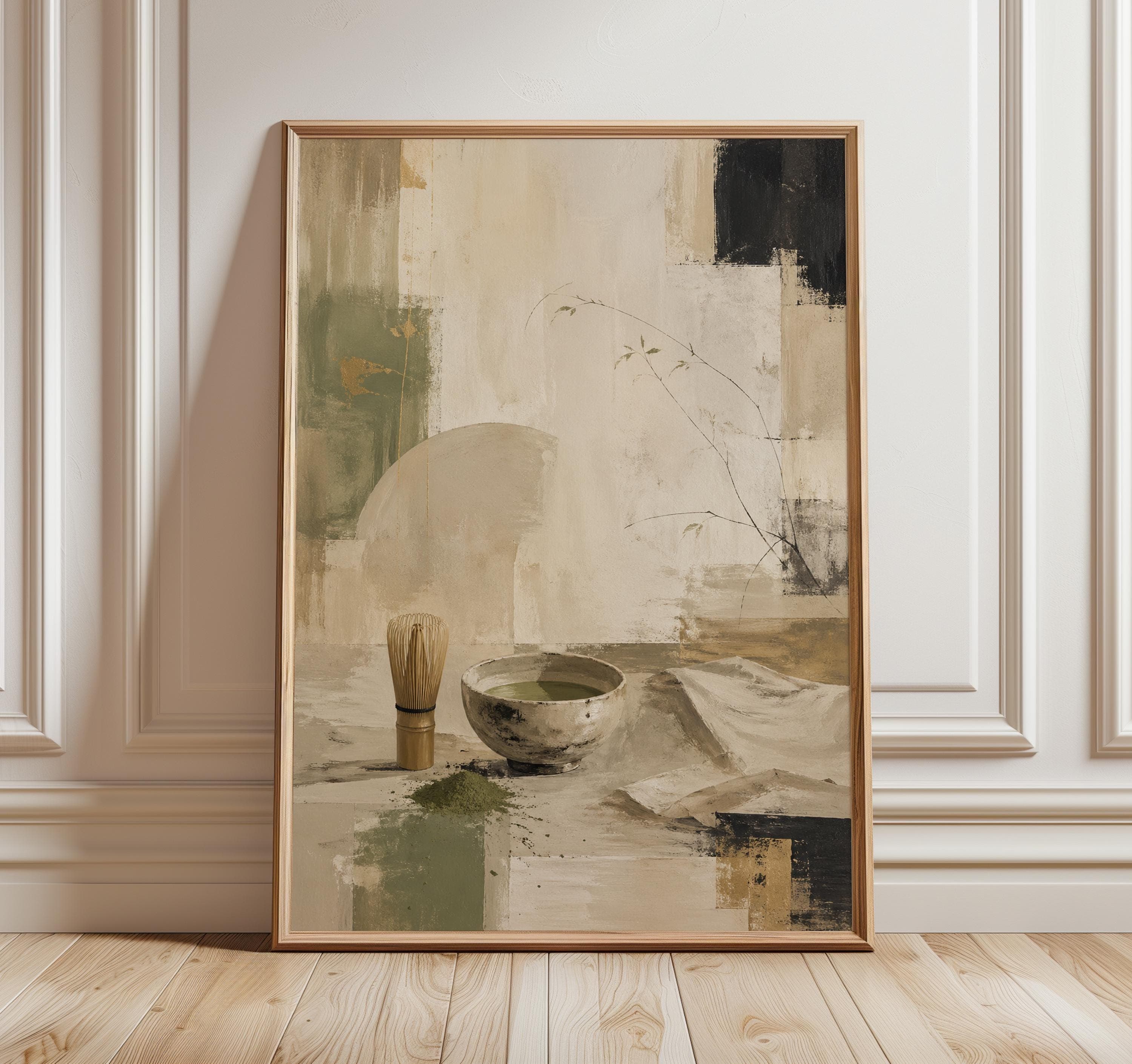 Matcha Tea Ceremony Print, Abstract Japanese Wabi Sabi Wall Art, Japandi Kitchen Decor, Neutral Matcha Still Life Poster