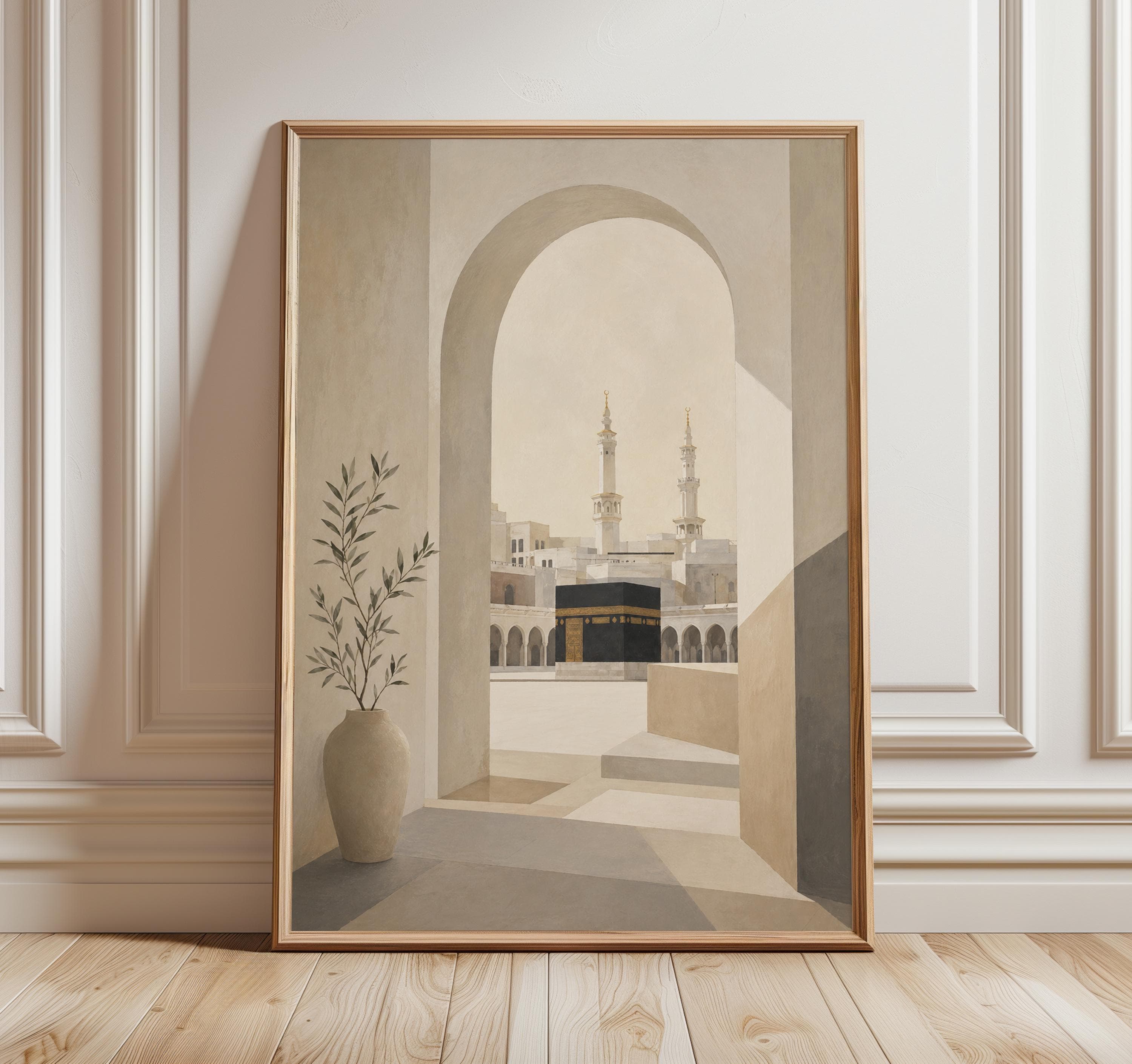 Mecca Wall Art Print, Kaaba Islamic Poster, Neutral Muslim Home Decor, Makkah Mosque Painting, Minimal Ramadan Gift Art