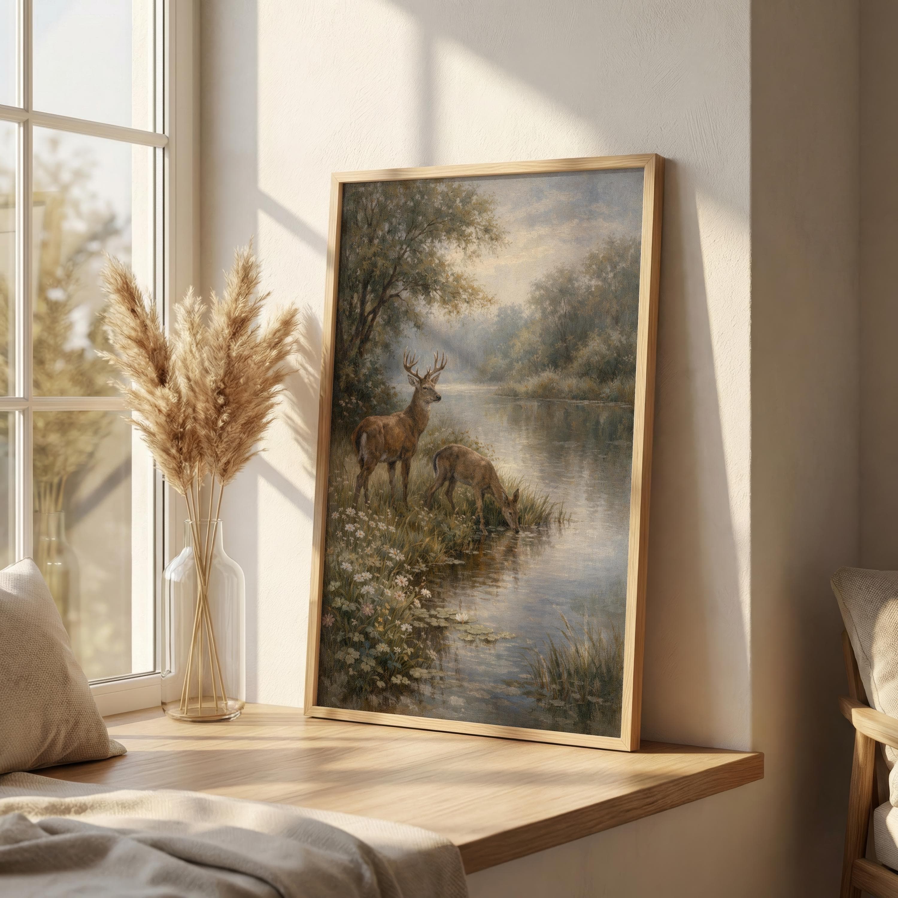 English Countryside Deer Print, Vintage Woodland River Art, Rustic Nature Wall Decor, Cottage Style Landscape Painting - image 5