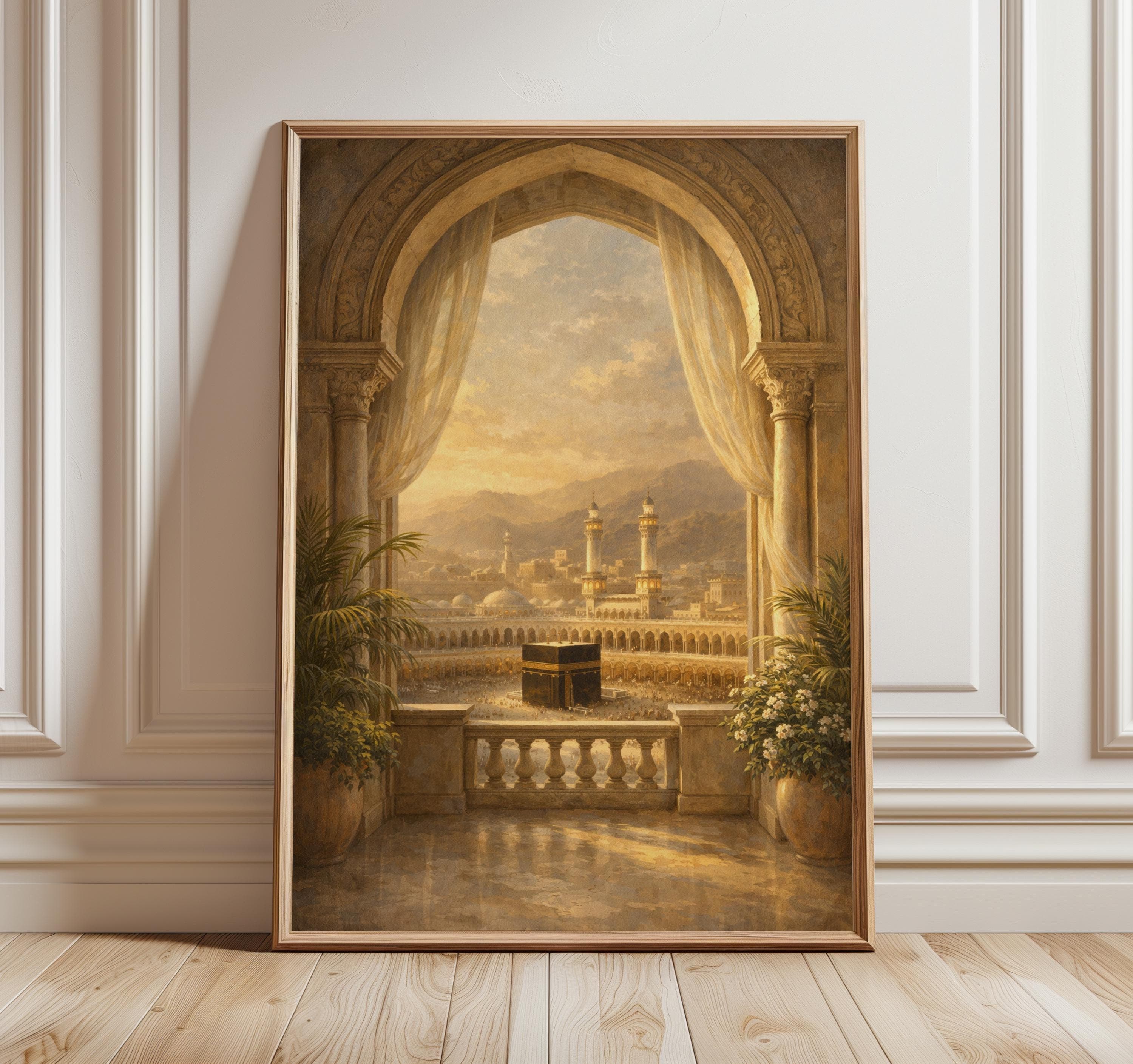 Kaaba Wall Art, Mecca View Print, Masjid al Haram Poster, Islamic Decor, Arch Window Artwork, Luxury Islamic Art