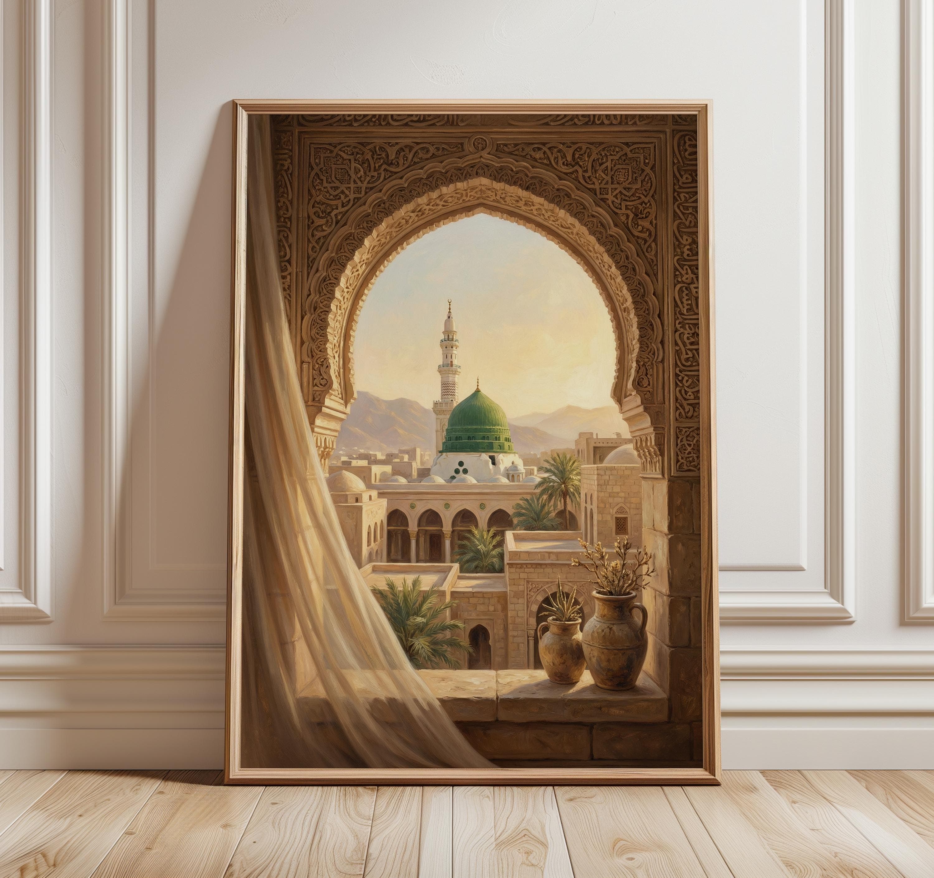 Medina Wall Art Print, Green Dome View, Masjid Nabawi Artwork, Islamic Arch Window Decor, Luxury Islamic Painting