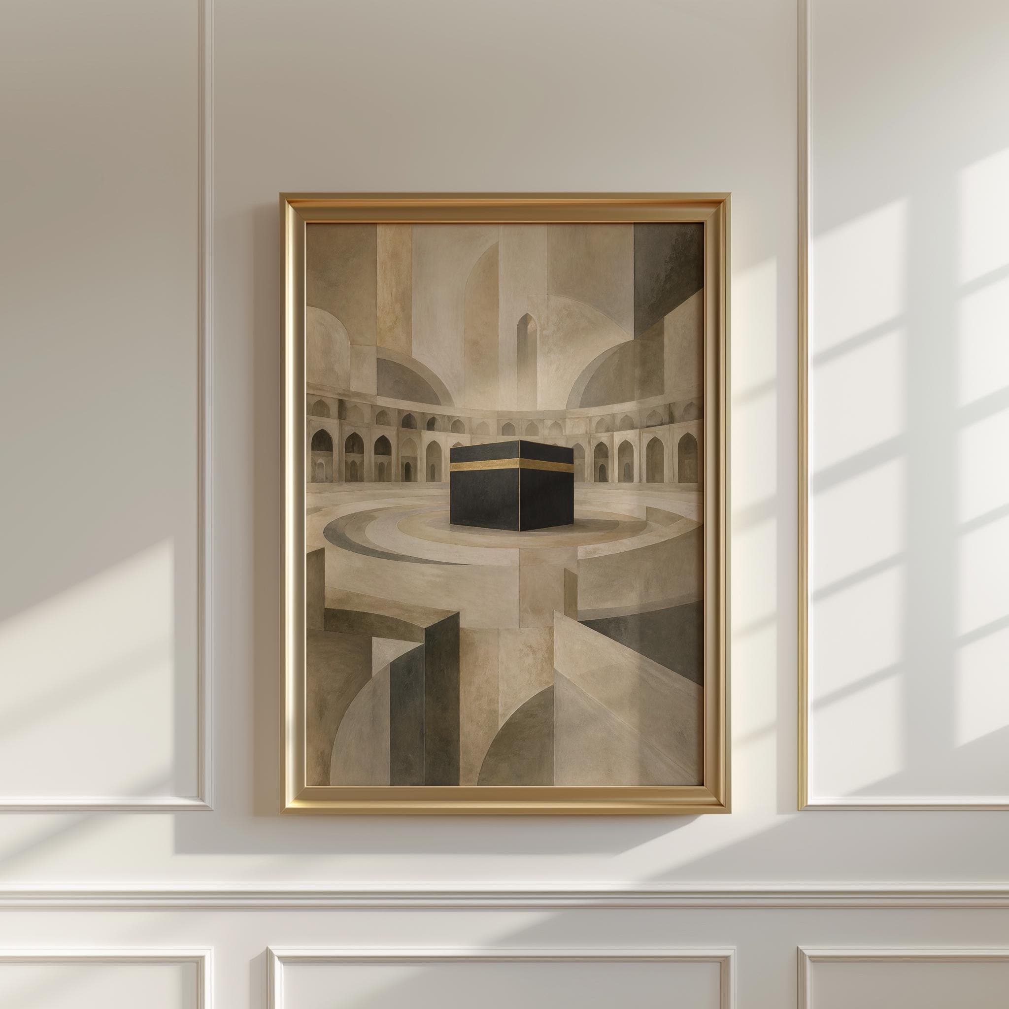 Abstract Mecca Wall Art Print, Kaaba Inspired Islamic Painting, Neutral Sacred Geometry Decor, Modern Muslim Home Art, Beige Minimalist Art - image 4