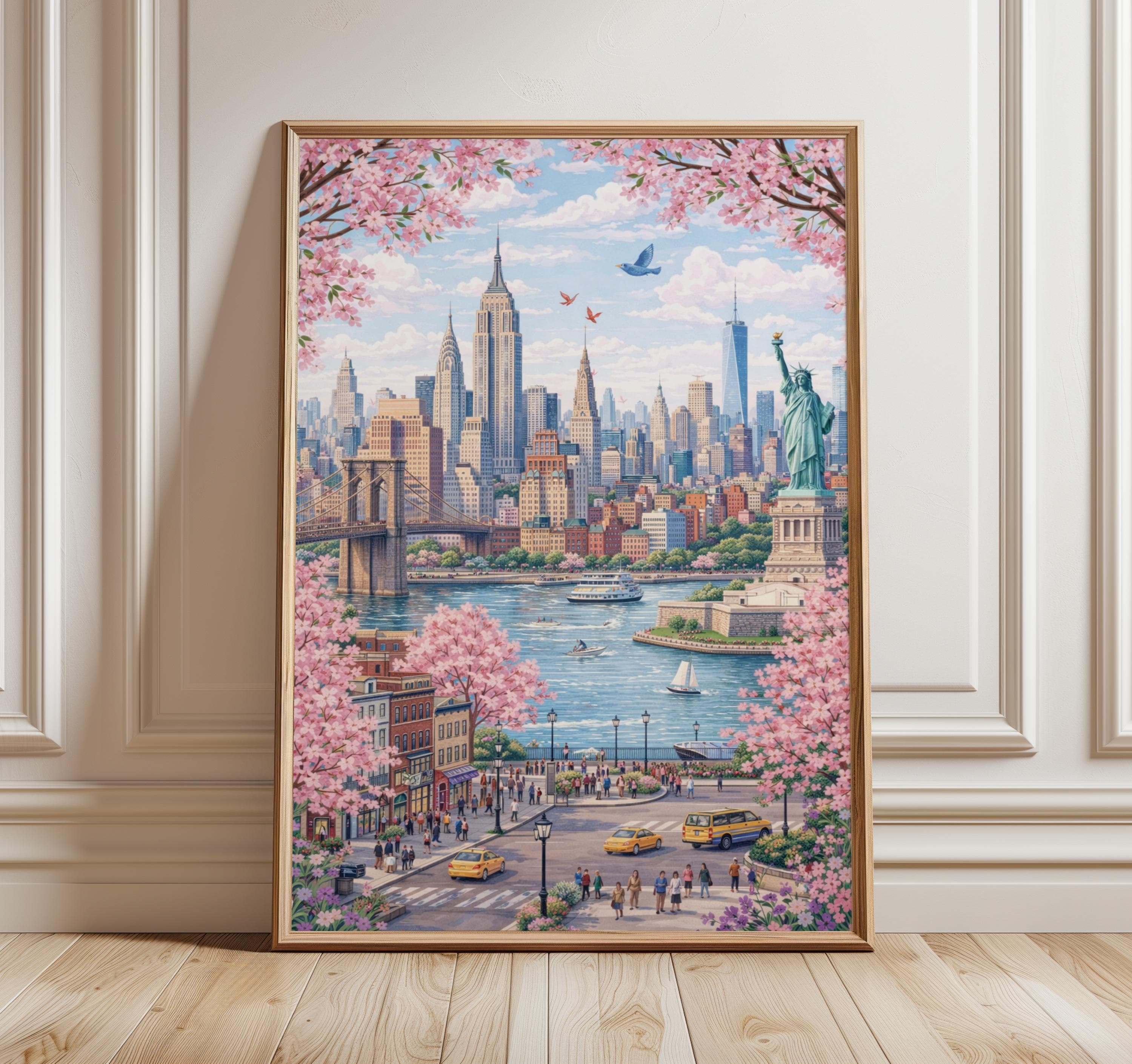 New York Poster | Statue of Liberty & Brooklyn Bridge Print | Pastel NYC Wall Art | USA Spring Decor | New York Skyline | Travel Gift