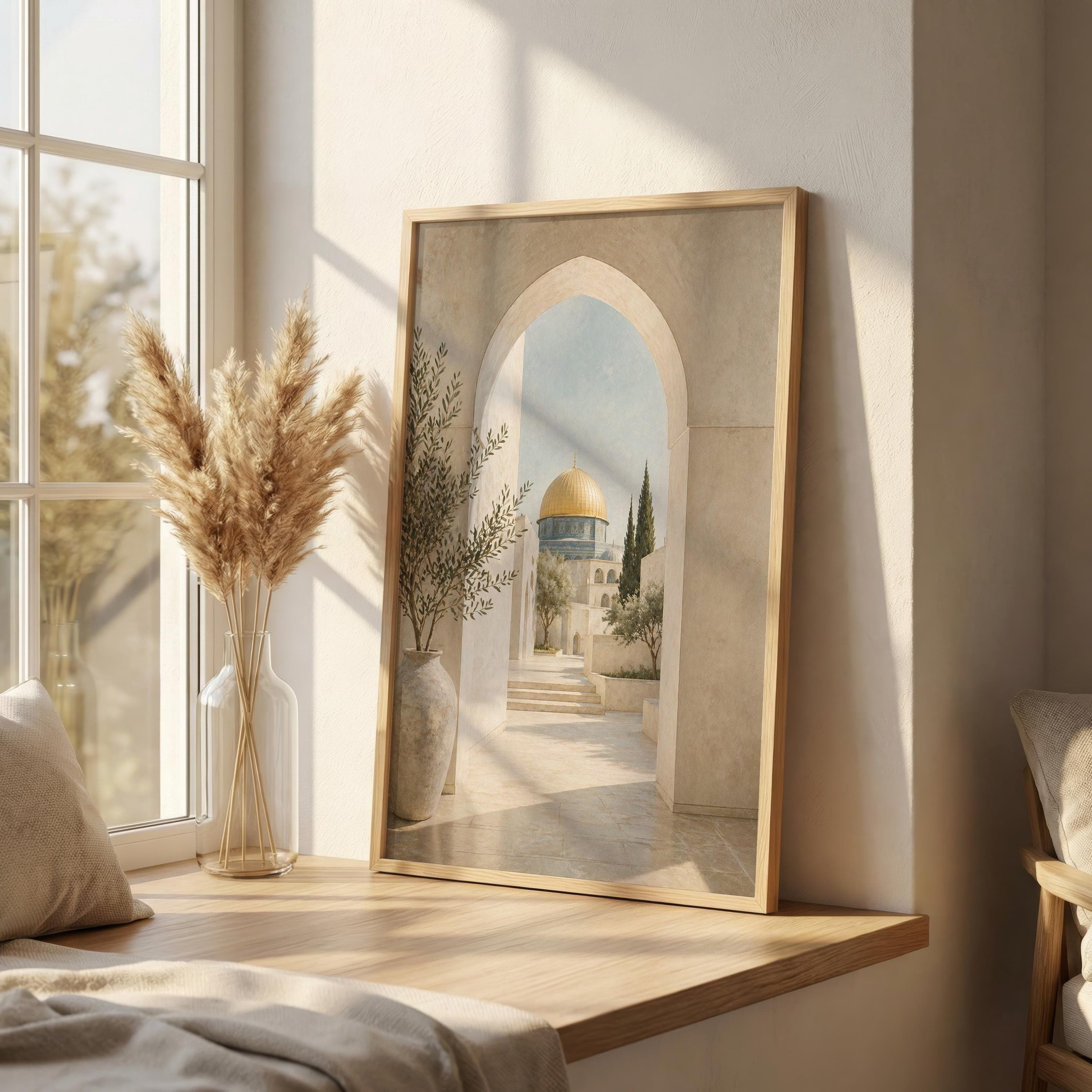 Al Aqsa Palestine Wall Art Print, Islamic Mosque Poster, Golden Dome Artwork, Neutral Mediterranean Archway Decor - image 5