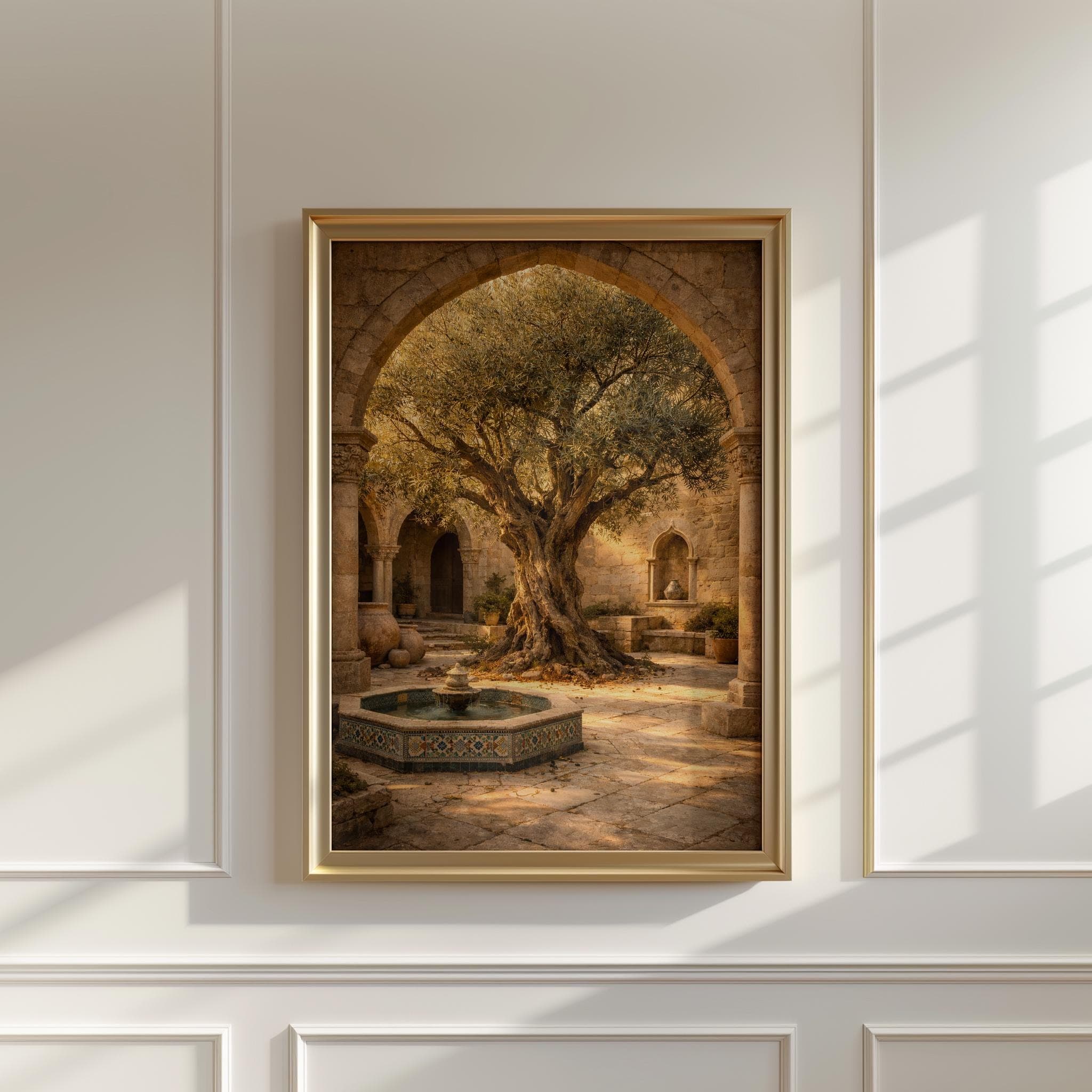 Olive Tree Courtyard Wall Art, Middle Eastern Garden Print, Palestine Stone Arch Poster, Rustic Fountain Decor - image 5