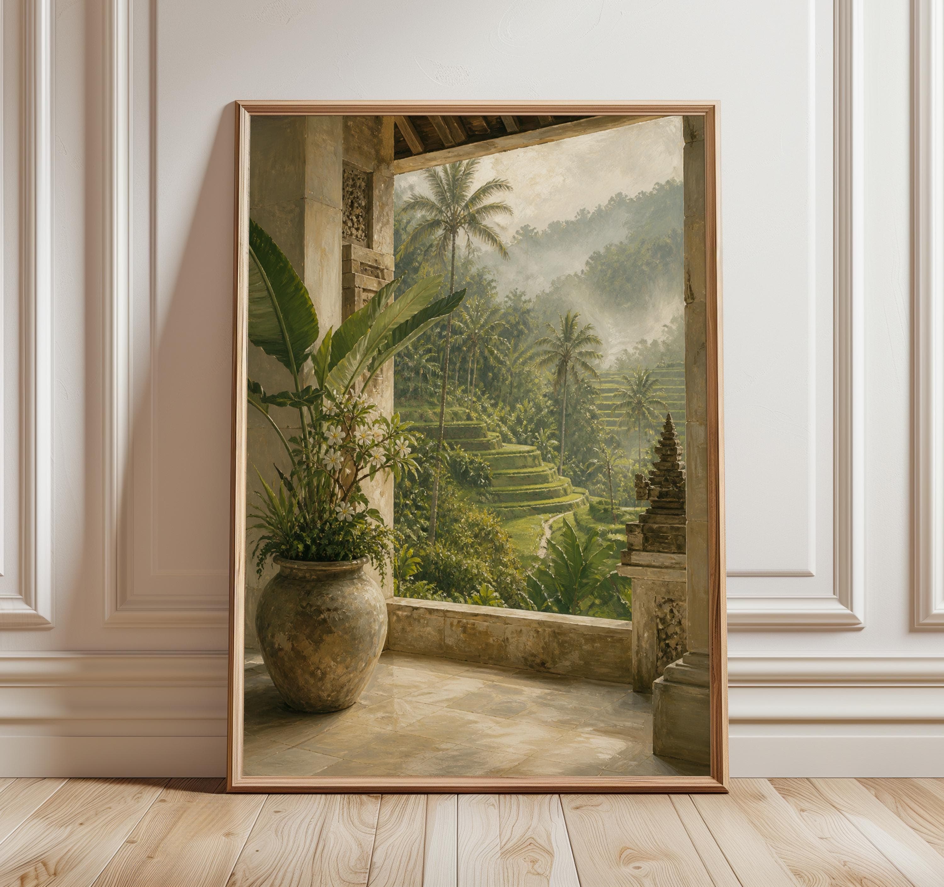 Bali Rice Terrace Wall Art Print, Ubud Landscape Painting, Tropical Bali Poster, Green Botanical Spa Resort Decor