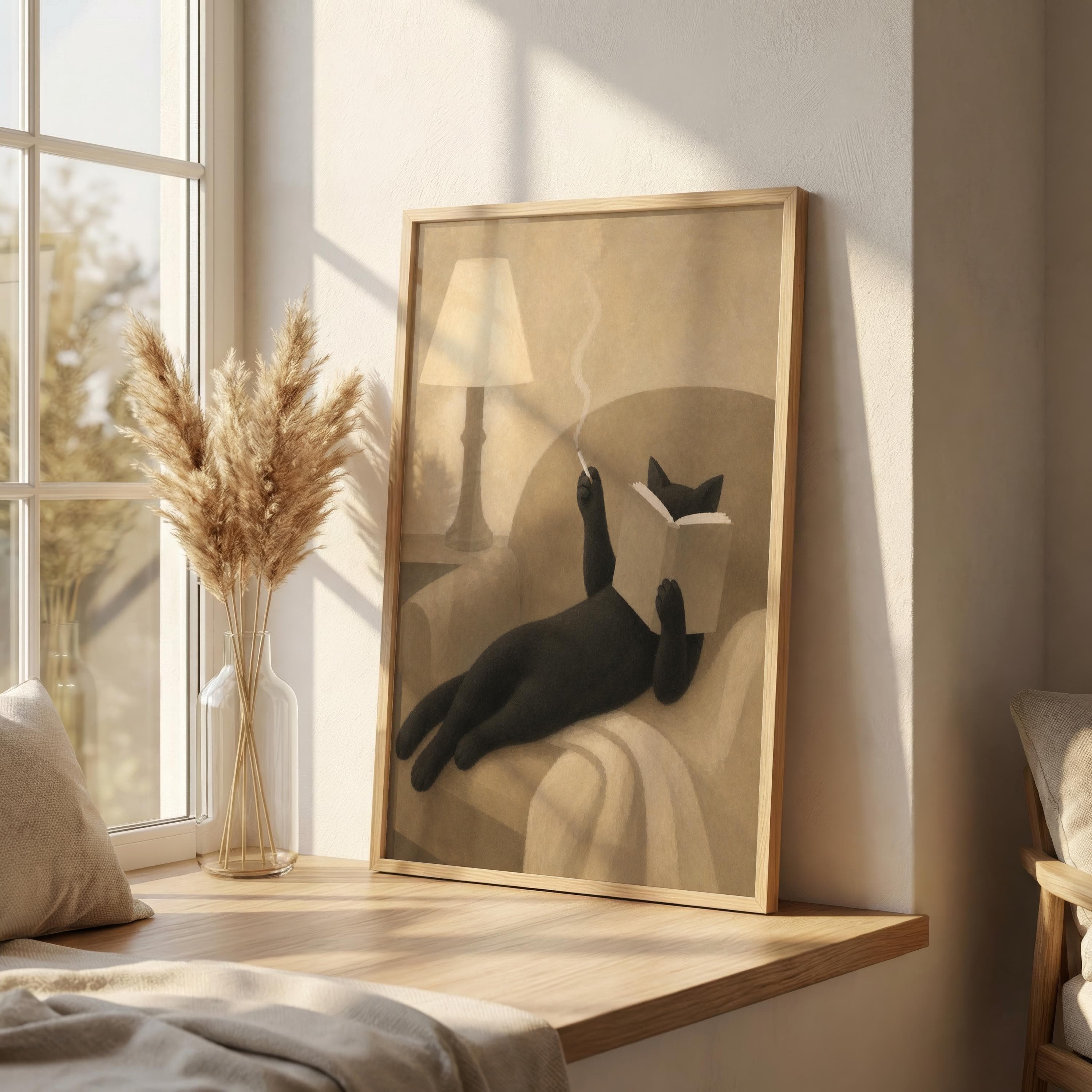 Black Cat Reading Print, Abstract Cat Wall Art, Beige Neutral Cat Poster, Cozy Book Lover Decor, Smoking Cat Painting - image 3