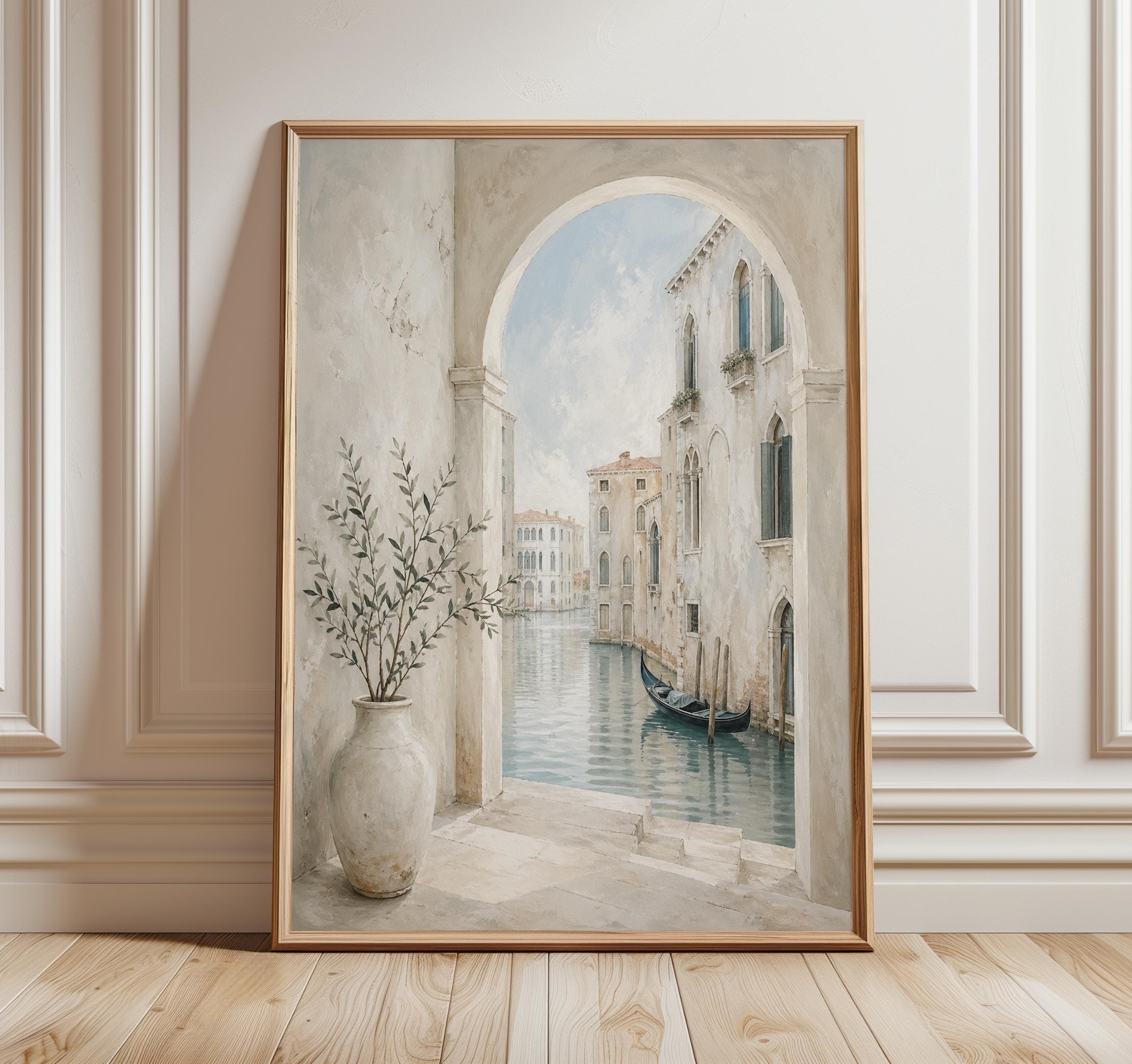 Venice Canal Painting Print, Venetian Archway Wall Art, Italy Travel Poster, Neutral Coastal Art, Gondola Wall Decor