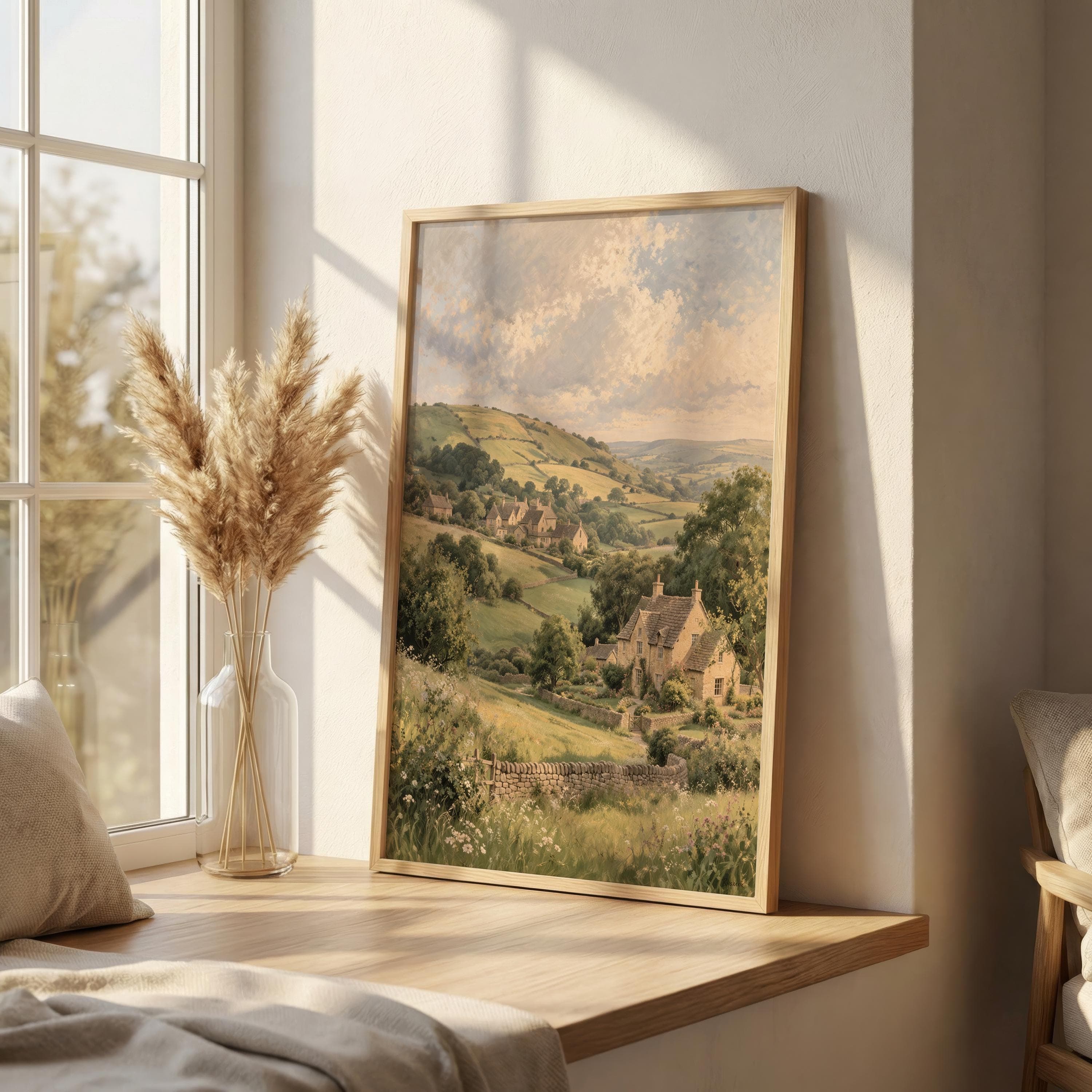 Cotswolds Landscape Print, English Countryside Wall Art, Rolling Hills Painting, Cottage Meadow Decor, Rustic Village Art - image 5