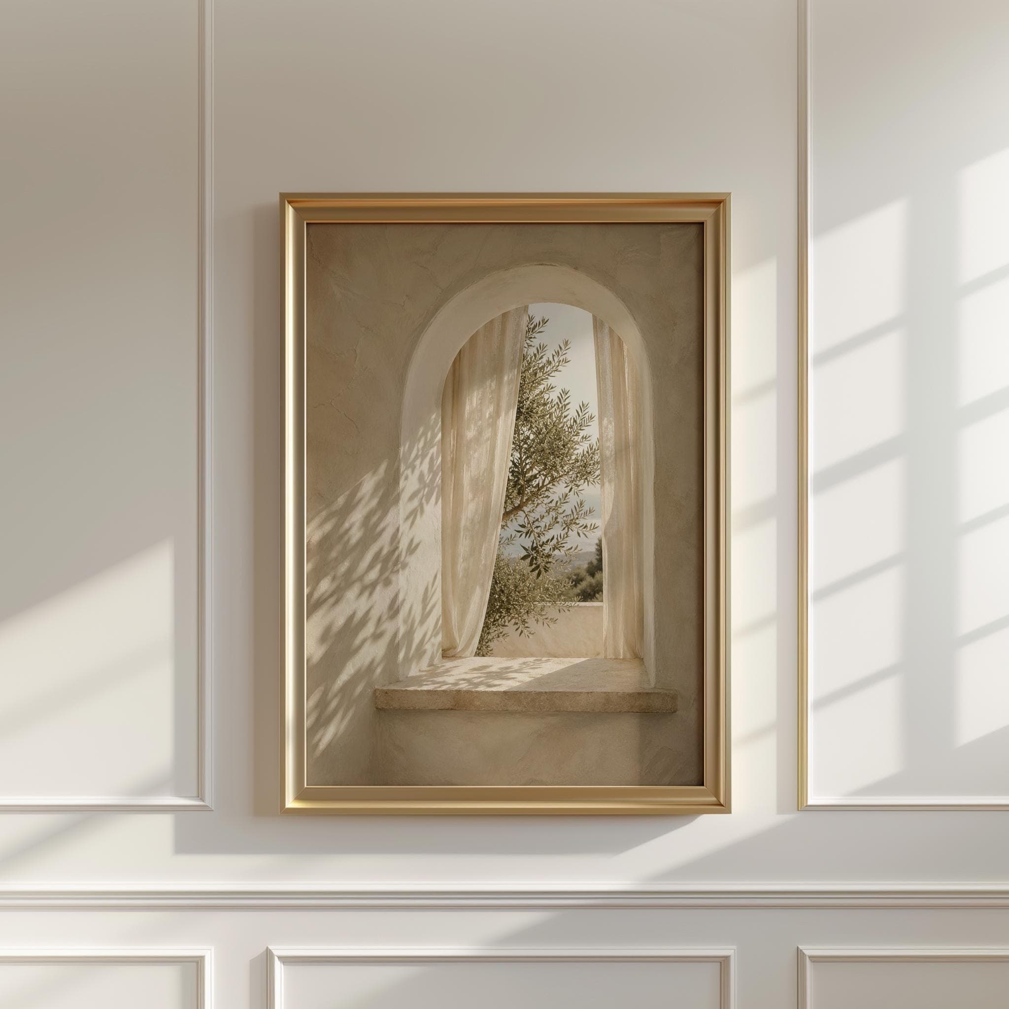 Mediterranean Window Wall Art, Arched Olive Tree Print, Neutral Coastal Villa Decor, Japandi Beige Window Poster - image 4