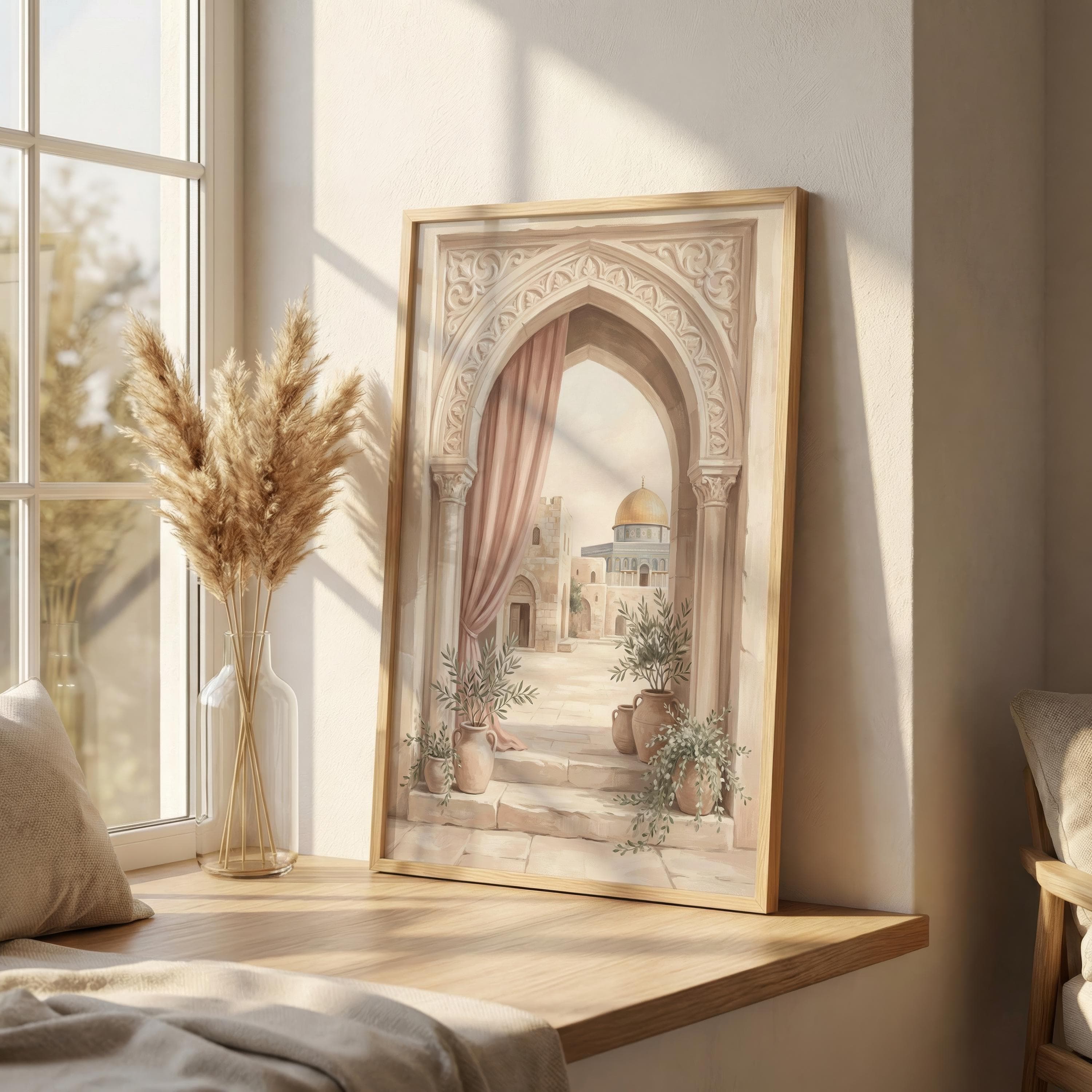 Al Aqsa Archway Wall Art, Dome of the Rock Print, Palestine Islamic Decor, Soft Neutral Islamic Artwork, Blush Middle East Art - image 4