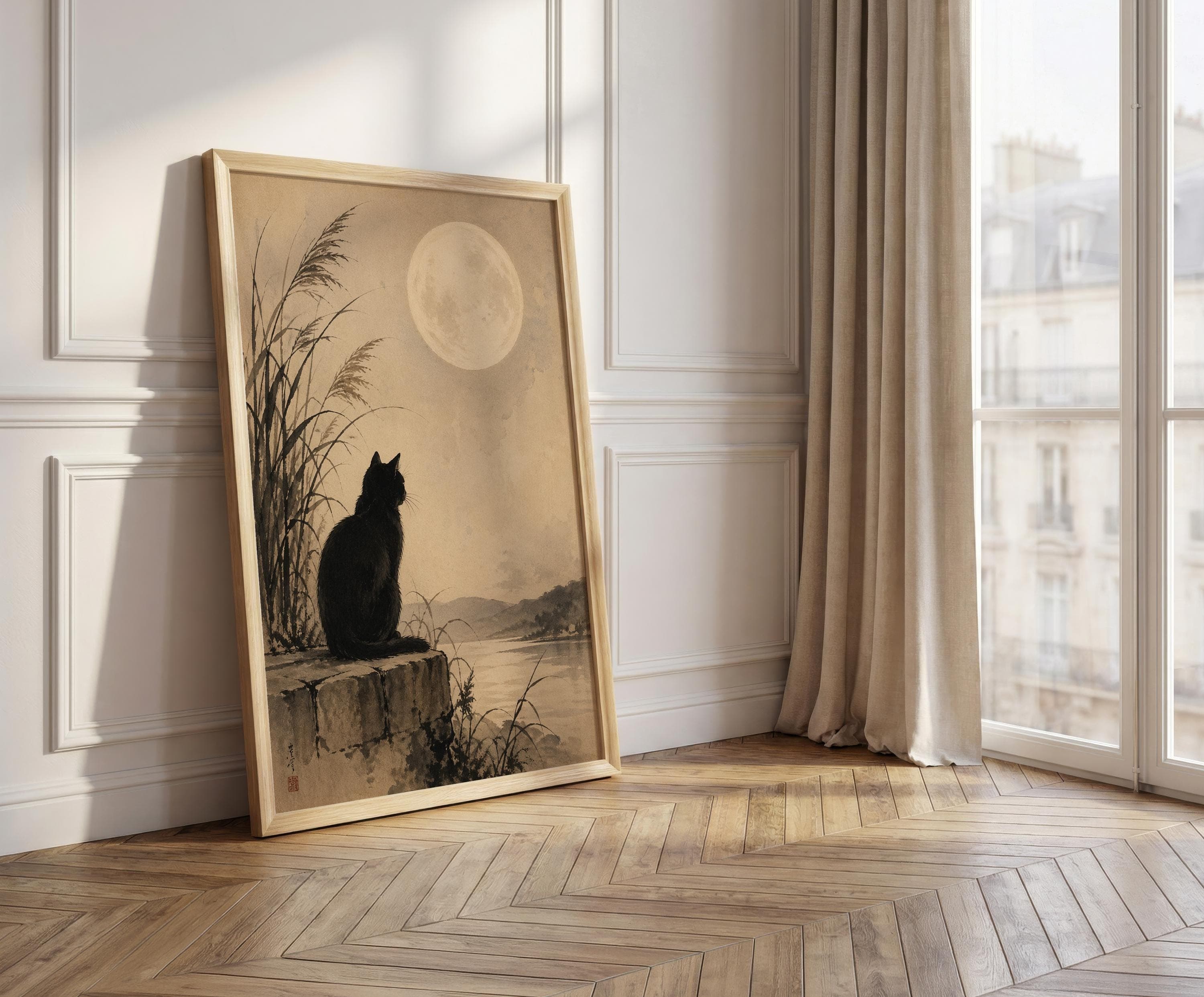 Black Cat Wall Art, Japandi Moon Print, Zen Cat Artwork, Japanese Style Night Landscape, Minimalist Neutral Animal Decor - image 5