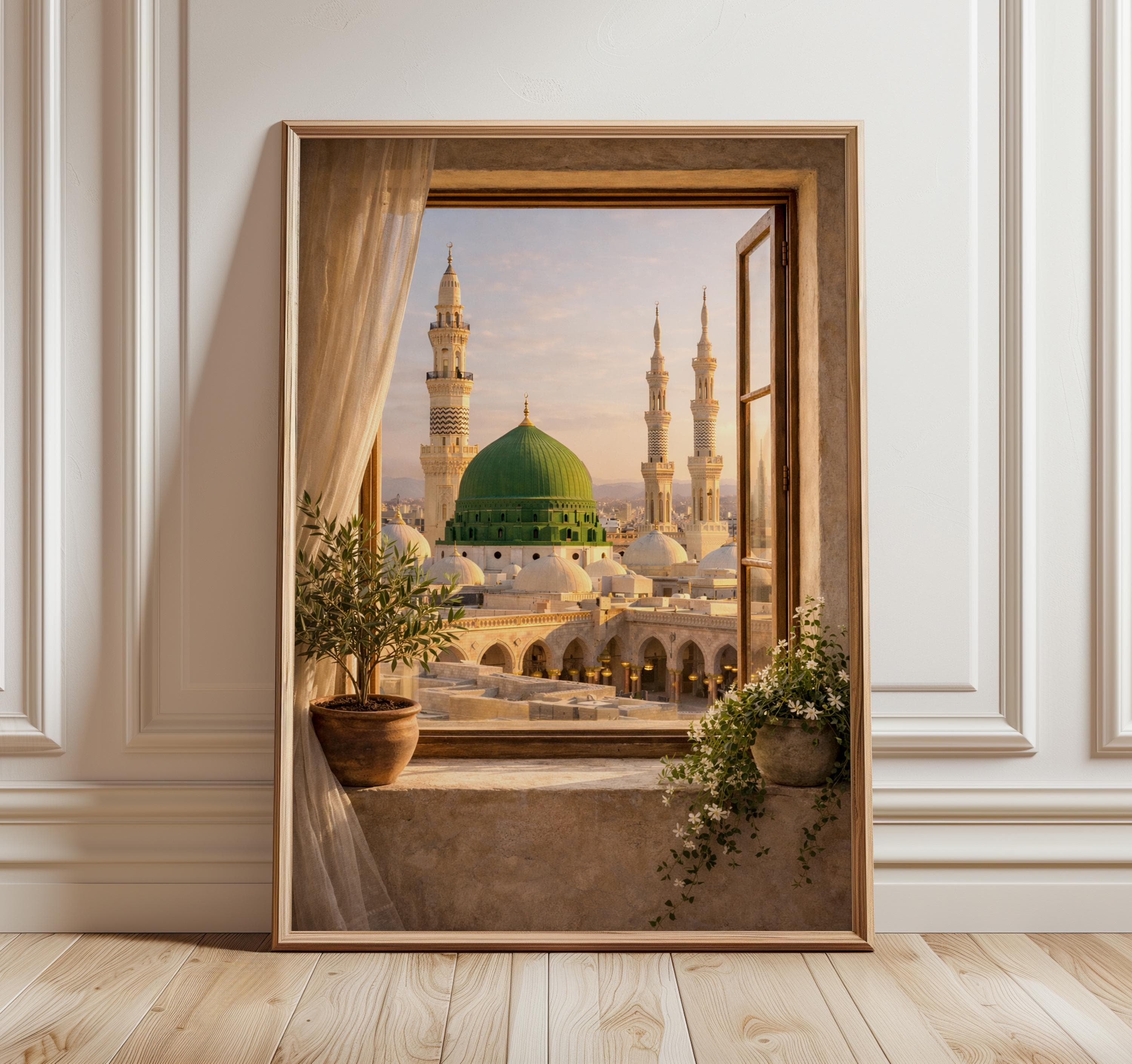 Medina Window View Print, Green Dome Wall Art, Al Masjid an Nabawi Poster, Islamic Wall Decor, Neutral Muslim Gift, Boho Beige Art
