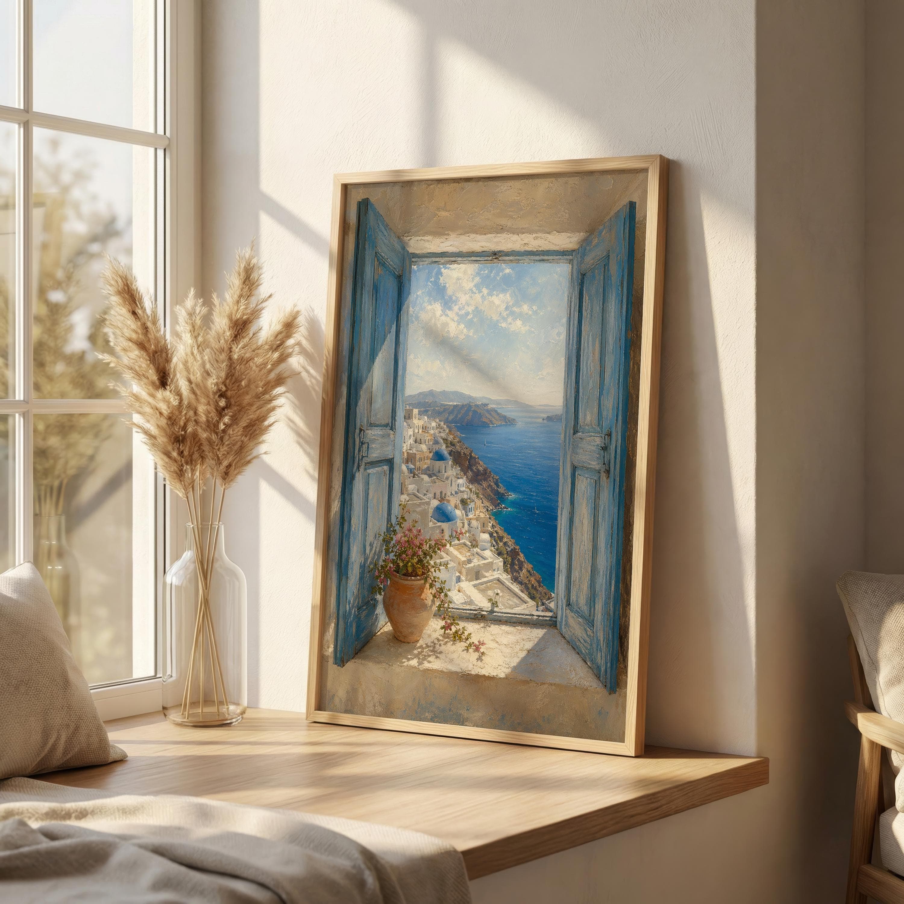 Santorini Window View Wall Art, Greek Island Sea View Print, Blue Shutters Coastal Decor, Oia Greece Travel Poster - image 3