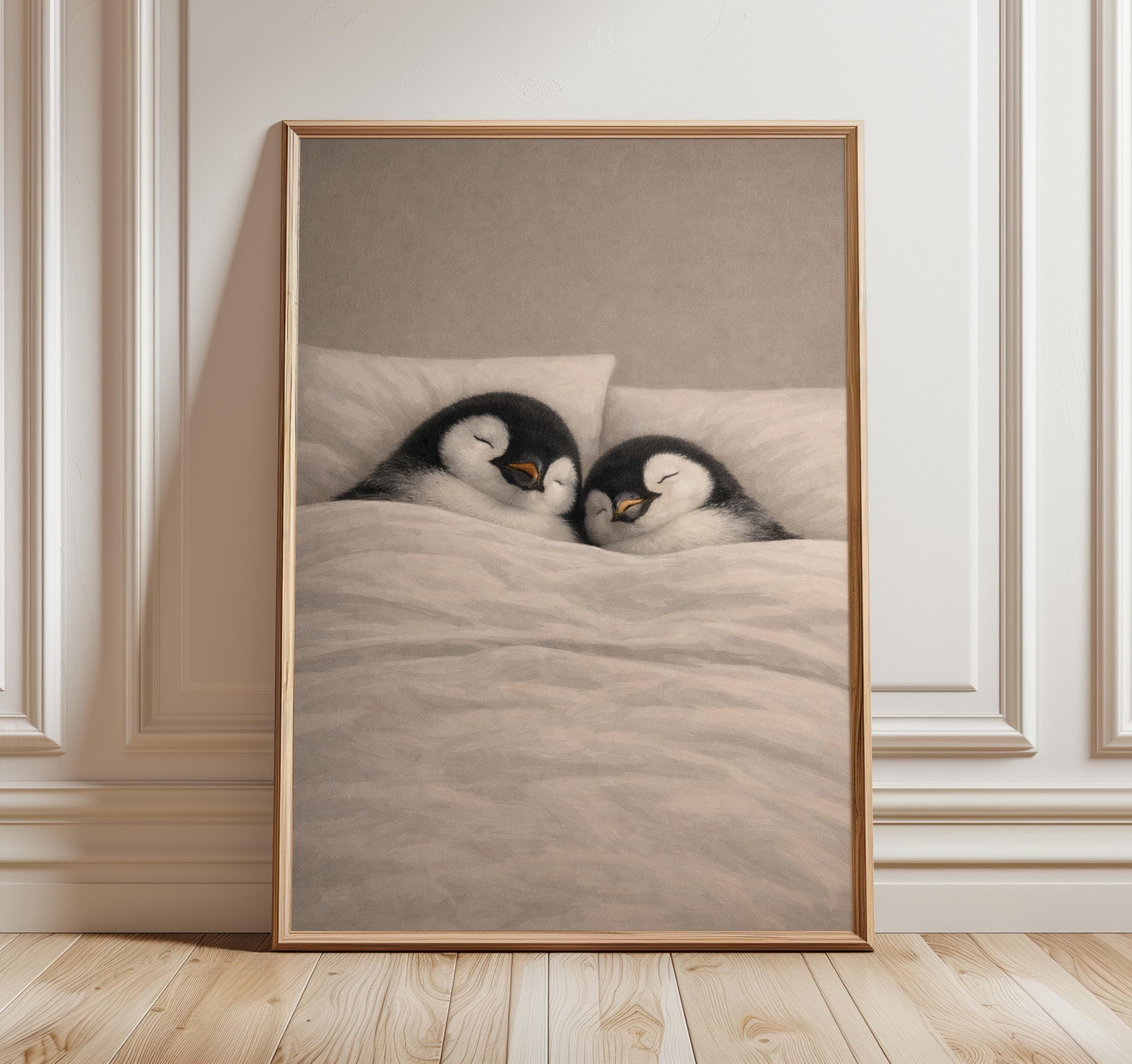 Sleeping Penguins Art Print – Cozy Animal Couple, Neutral Bedroom Decor