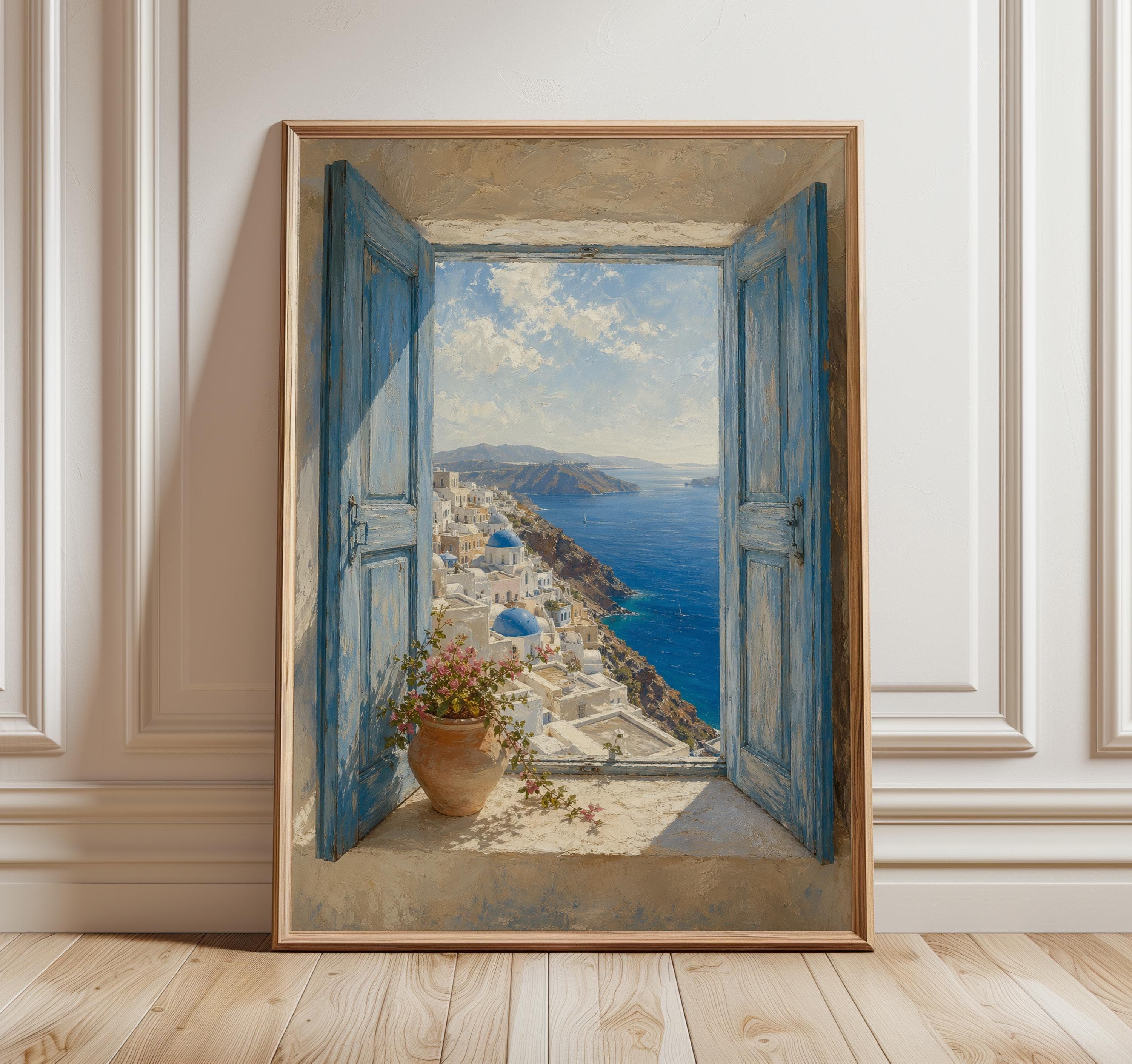 Santorini Window View Wall Art, Greek Island Sea View Print, Blue Shutters Coastal Decor, Oia Greece Travel Poster