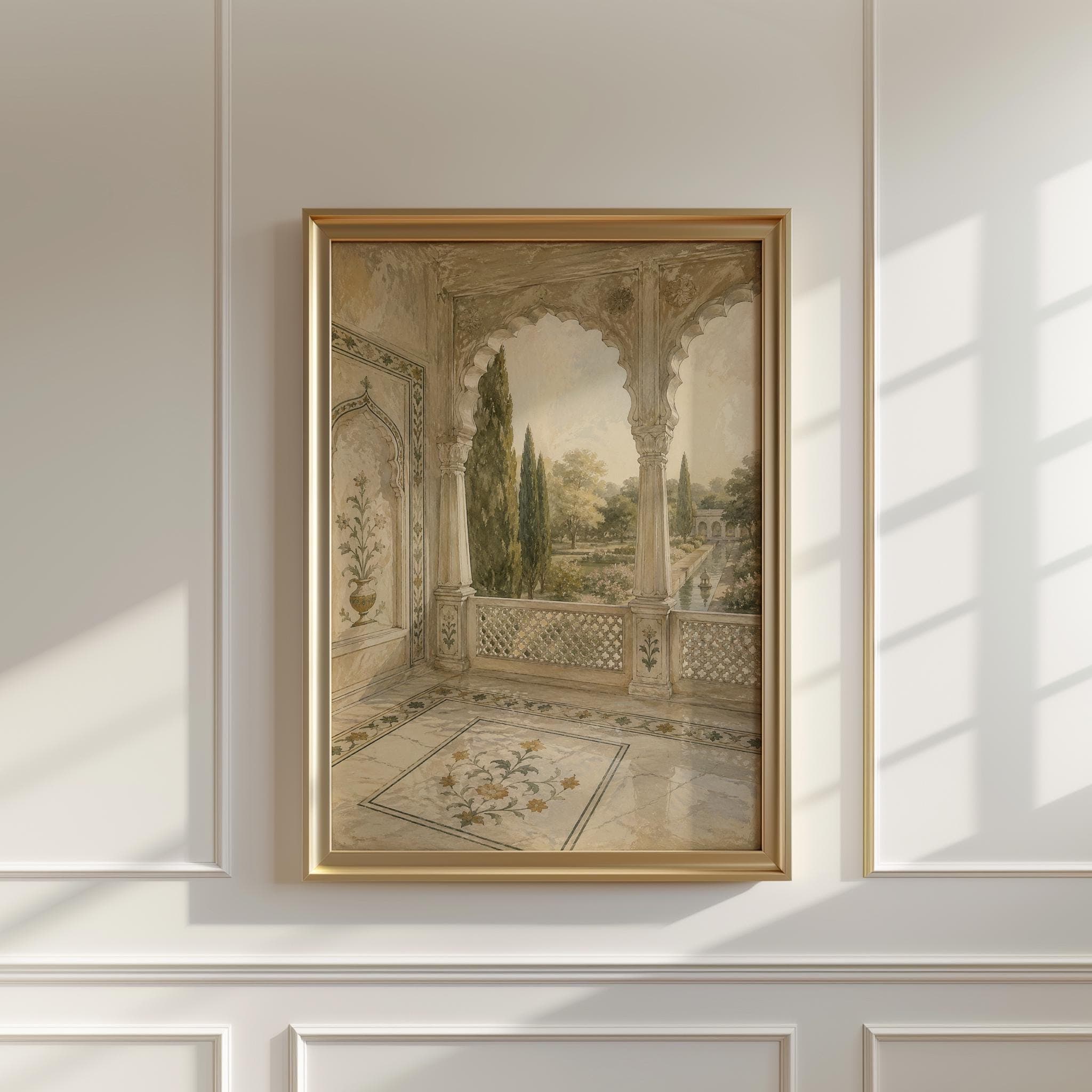 Mughal Marble Balcony Print, Indian Palace Wall Art, Mughal Garden Poster, Ivory Architectural Jali Arch Decor - image 4