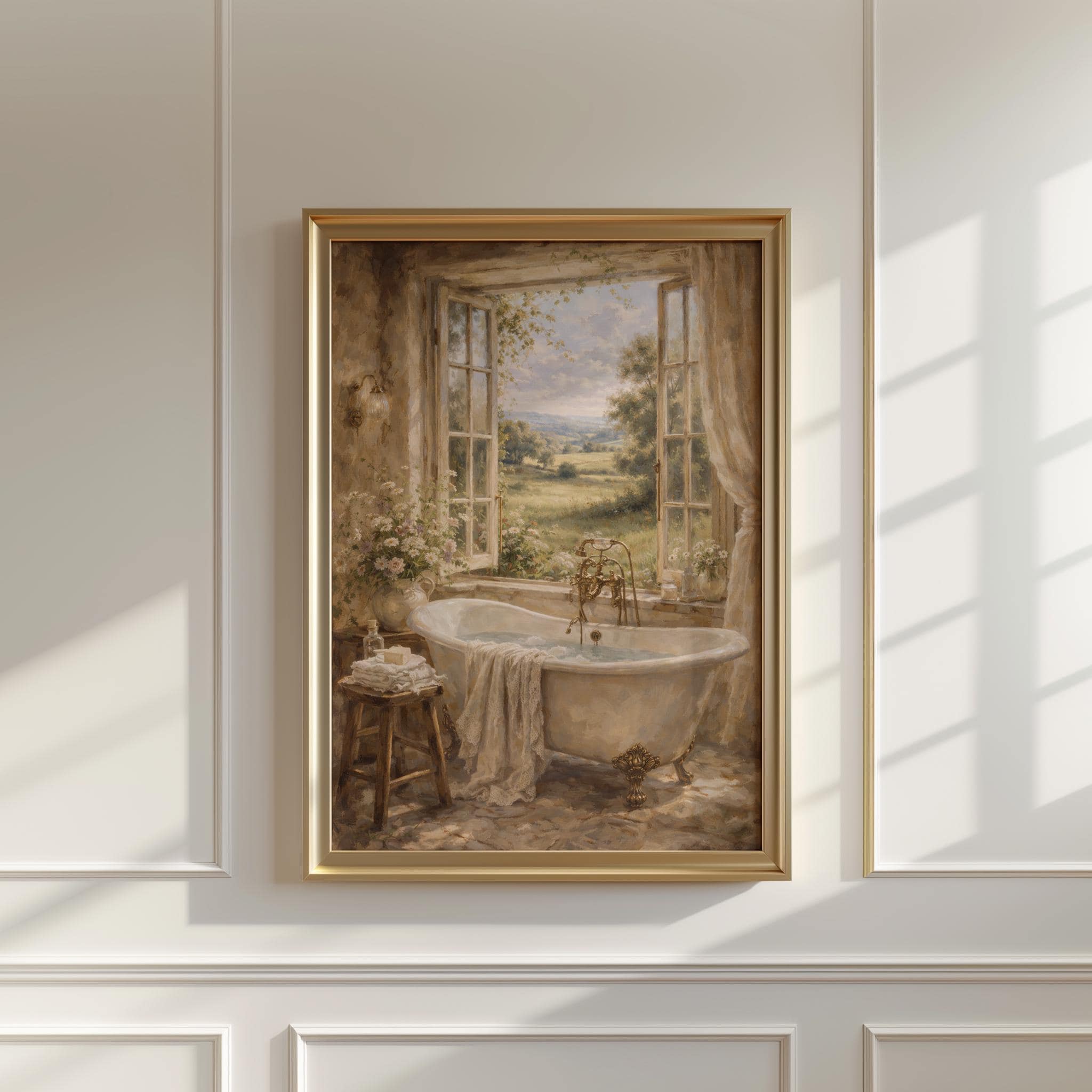 French Country Bathroom Wall Art Print, Vintage Bathtub Window View, Cottage Bathroom Decor, Romantic Neutral Wall Art, Spa Aesthetic - image 3