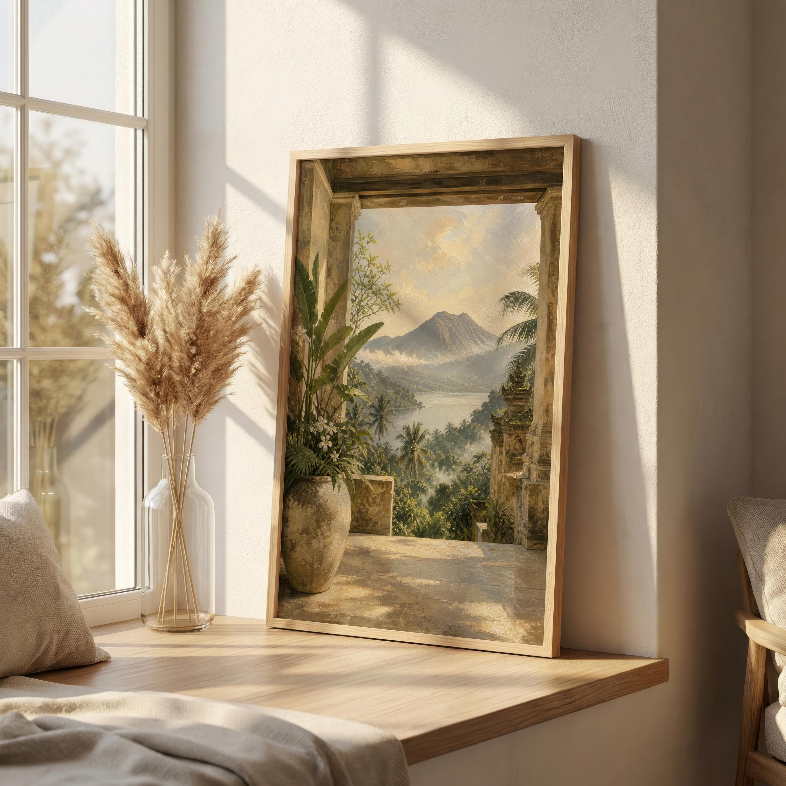 Bali Wall Art Print, Mount Batur Lake View Painting, Tropical Jungle Villa Art, Luxury Bali Landscape Poster - image 4