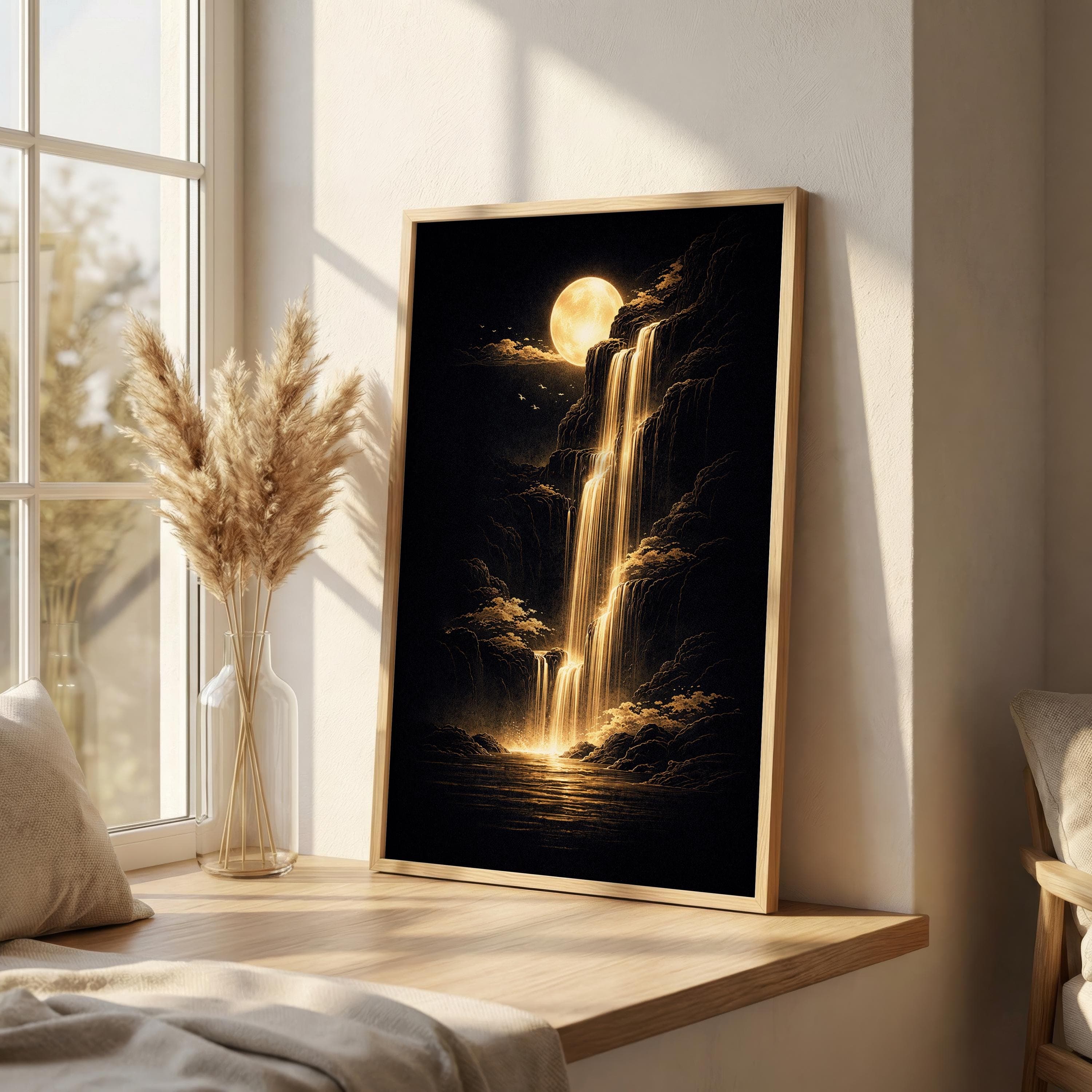Waterfall Wall Art Gold Black Poster, Moon Waterfall Print, Japandi Wall Art, Zen Landscape Artwork, Luxury Asian Decor - image 3
