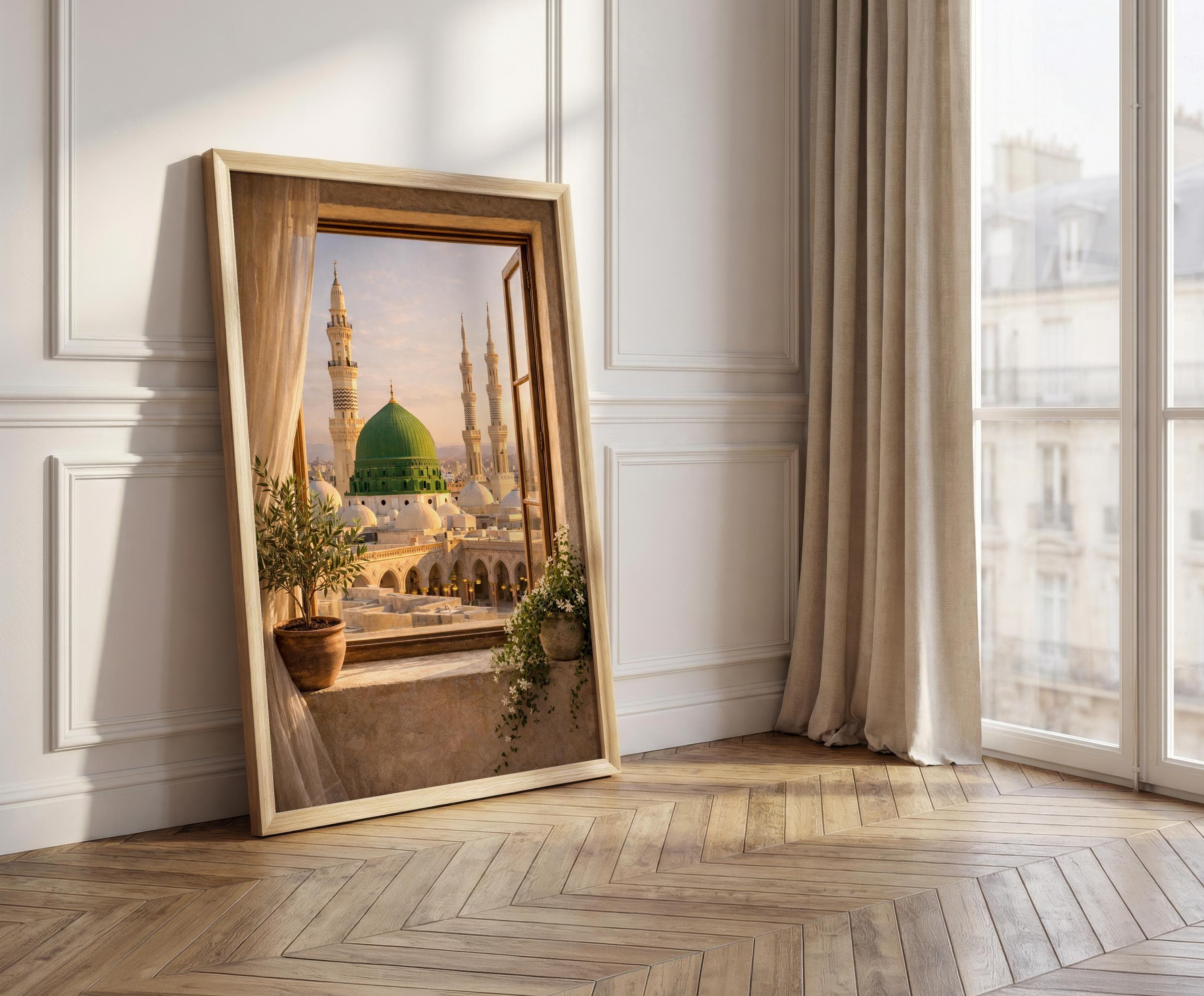 Medina Window View Print, Green Dome Wall Art, Al Masjid an Nabawi Poster, Islamic Wall Decor, Neutral Muslim Gift, Boho Beige Art - image 3