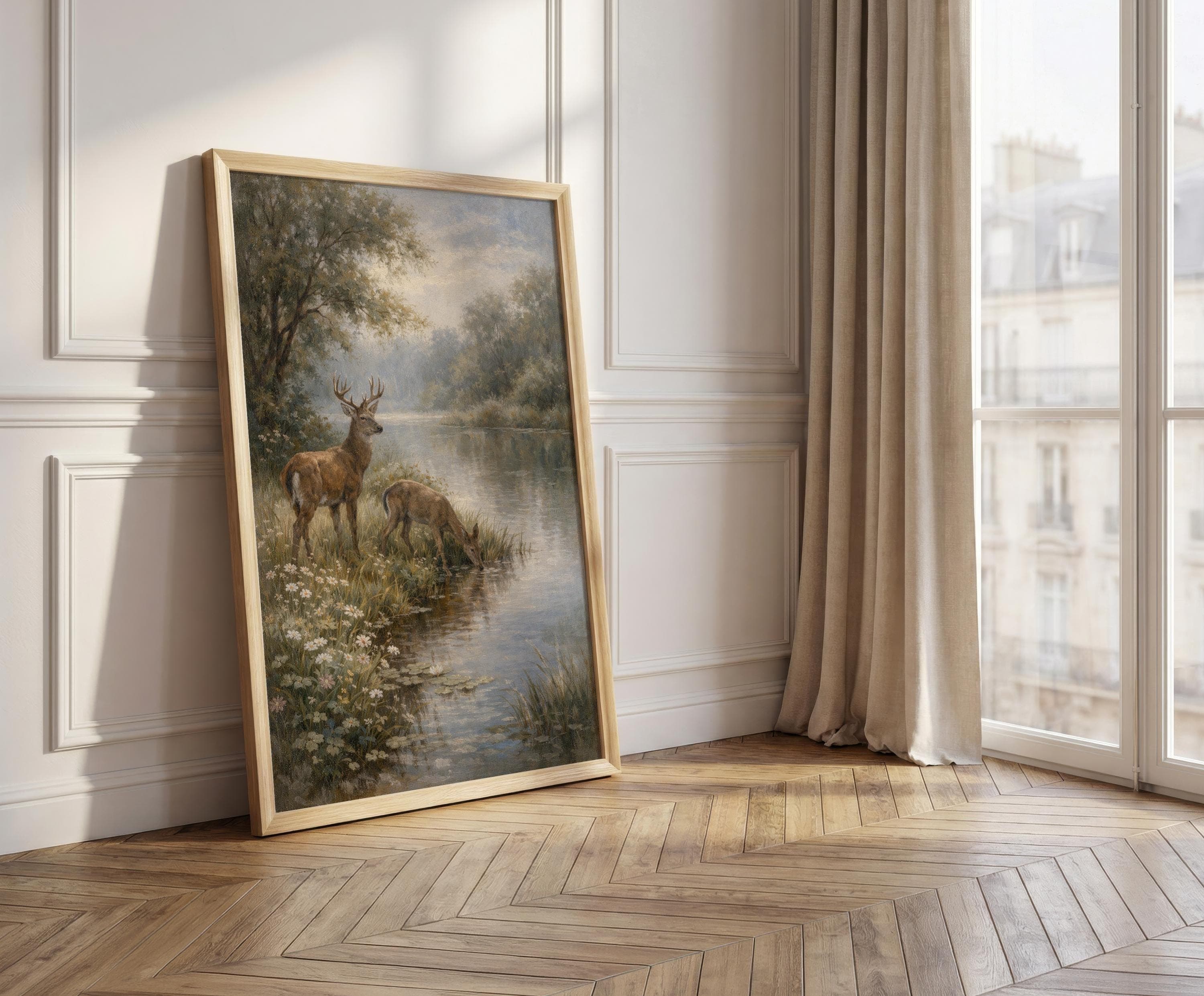 English Countryside Deer Print, Vintage Woodland River Art, Rustic Nature Wall Decor, Cottage Style Landscape Painting - image 3