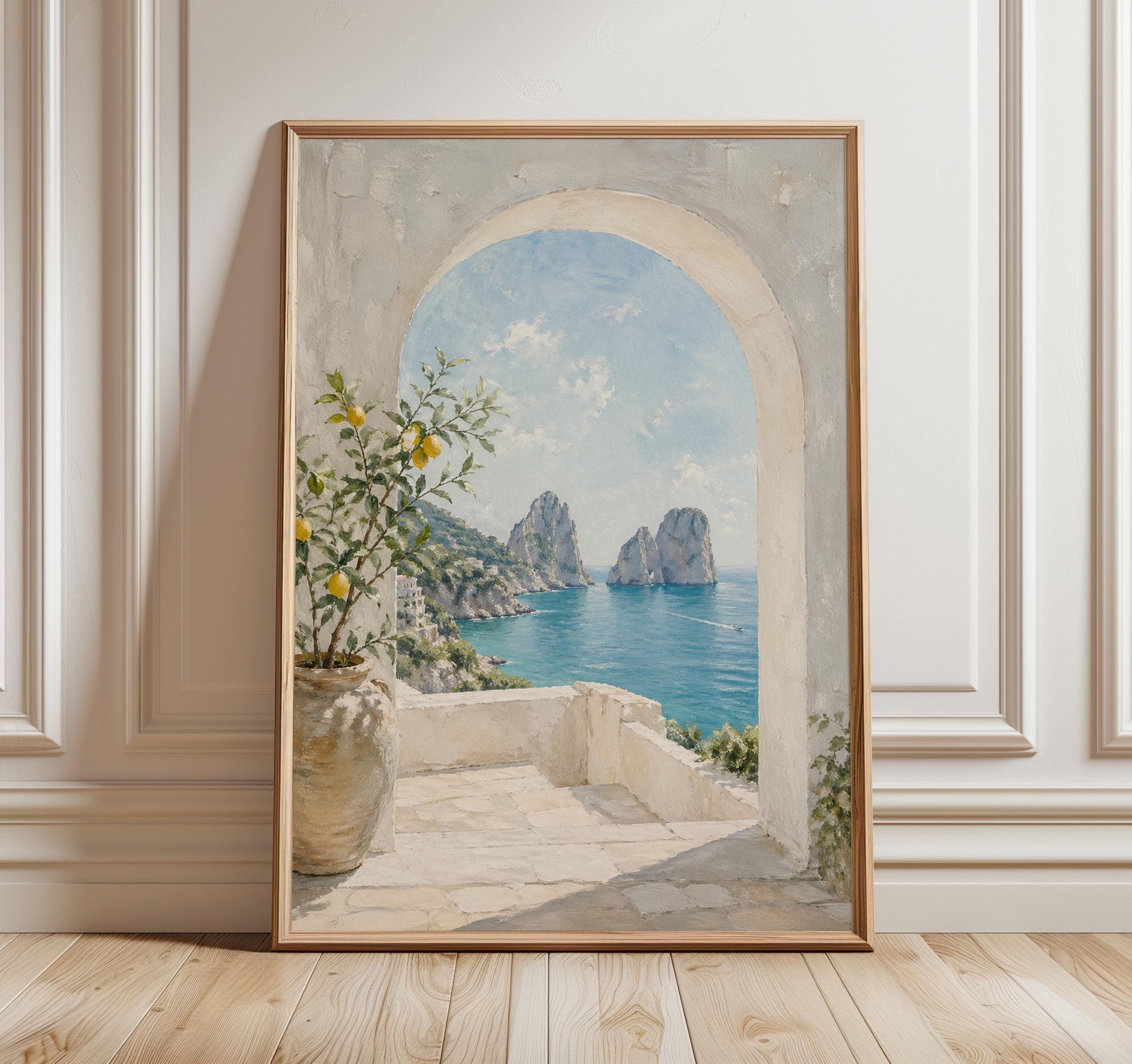Capri Italy Wall Art Print, Amalfi Coast Lemon Tree View, Mediterranean Coastal Arch Poster, Italian Seascape Decor