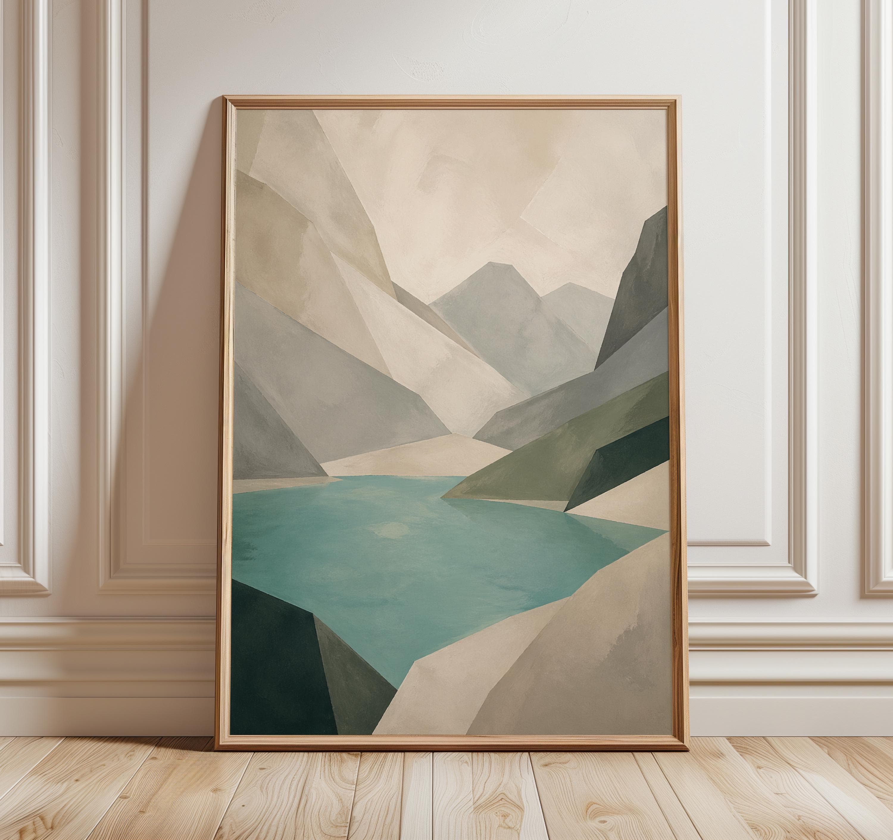 Oeschinen Lake Abstract Wall Art Print, Modern Alpine Landscape Painting, Minimal Mountain Lake Decor, Neutral Swiss Nature Poster