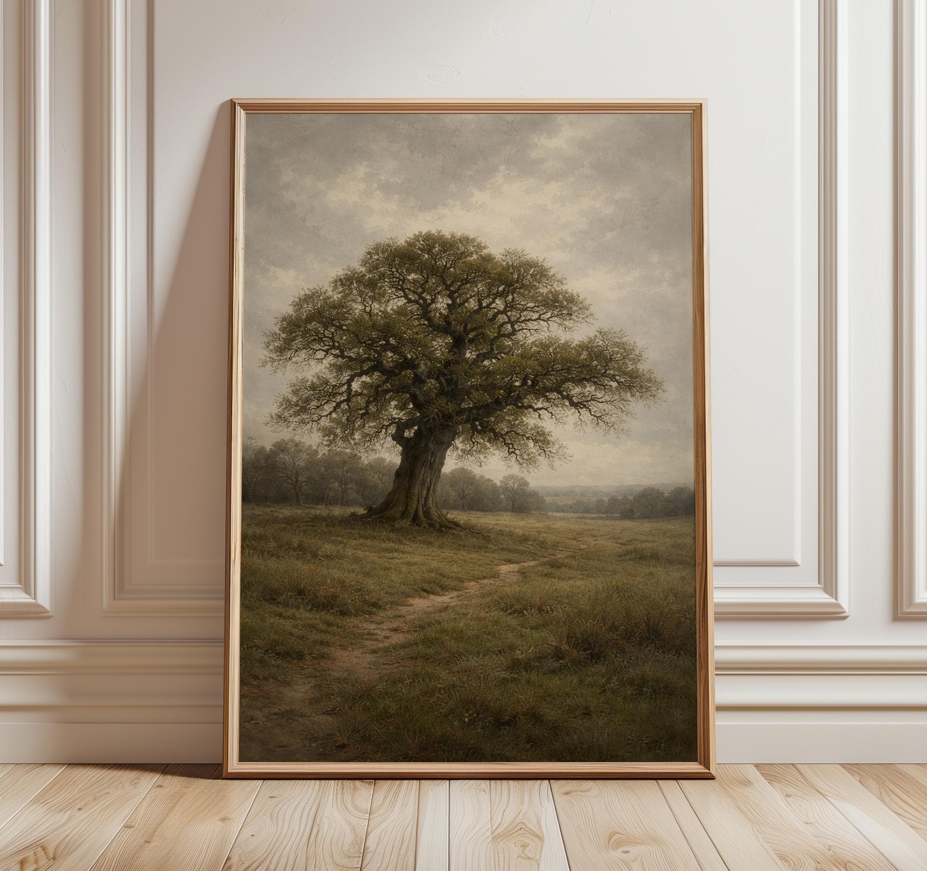Old Oak Tree Wall Art Print, English Countryside Landscape, Rustic Nature Painting, Neutral Farmhouse Decor