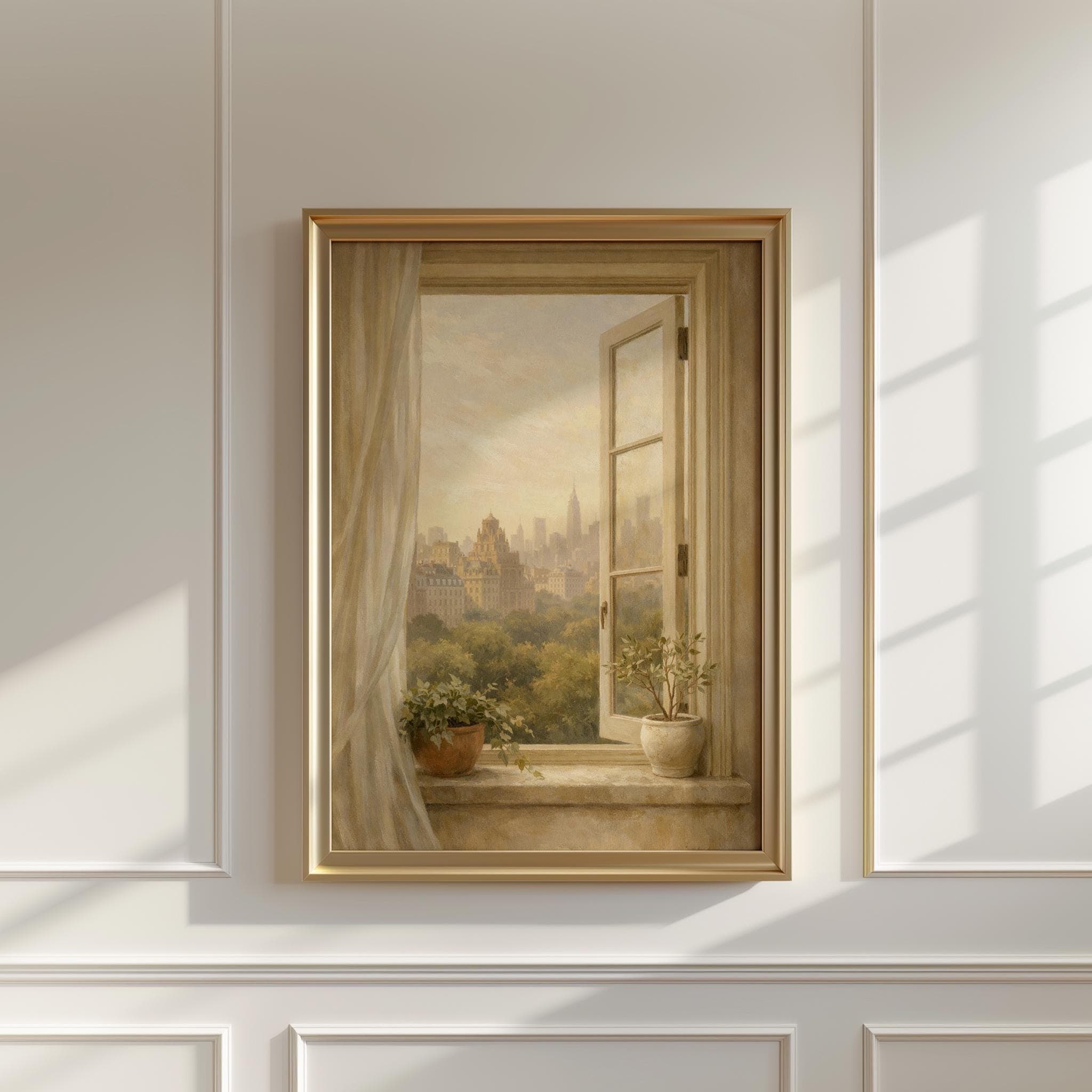 New York Window View Print, Central Park Cityscape Art, Empire State Building Wall Art, Neutral Beige Aesthetic Decor - image 3
