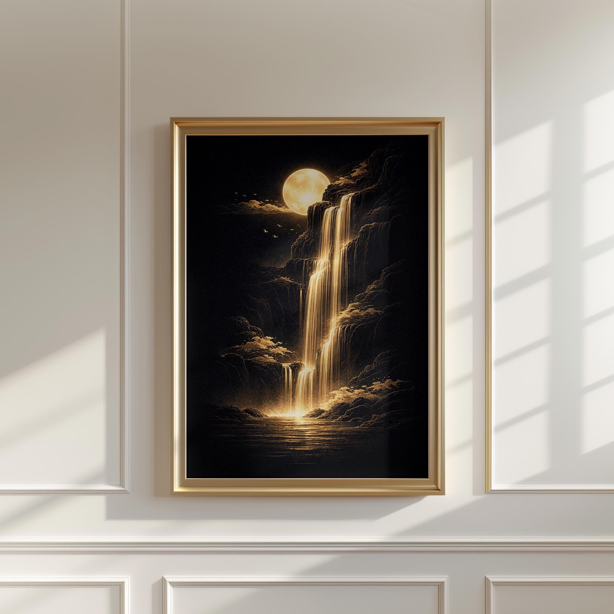 Waterfall Wall Art Gold Black Poster, Moon Waterfall Print, Japandi Wall Art, Zen Landscape Artwork, Luxury Asian Decor - image 4