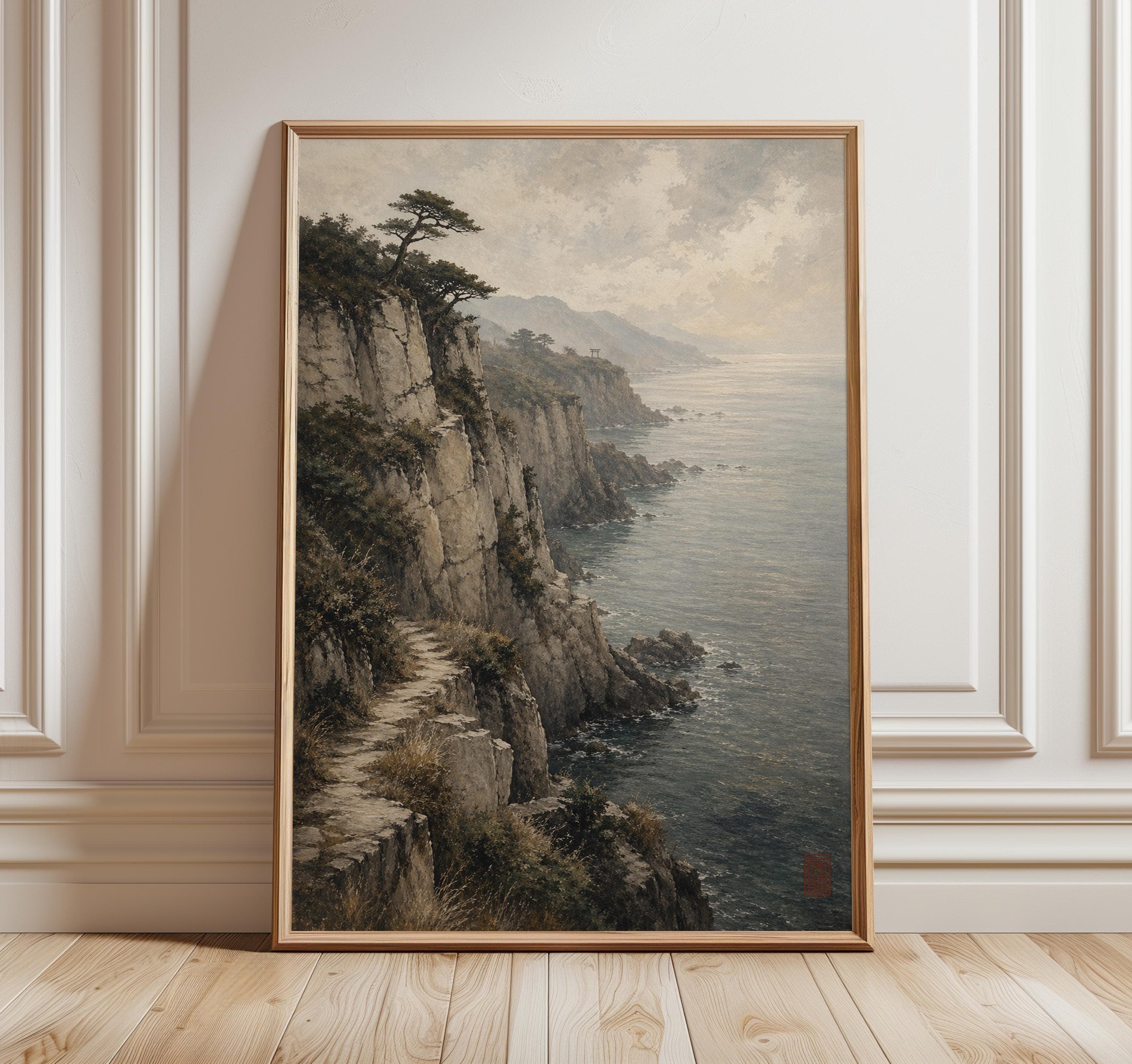 Japanese Coastal Wall Art, Japandi Cliff Landscape Print, Zen Ocean Decor, Sumi E Style Seascape, Neutral Minimalist Art