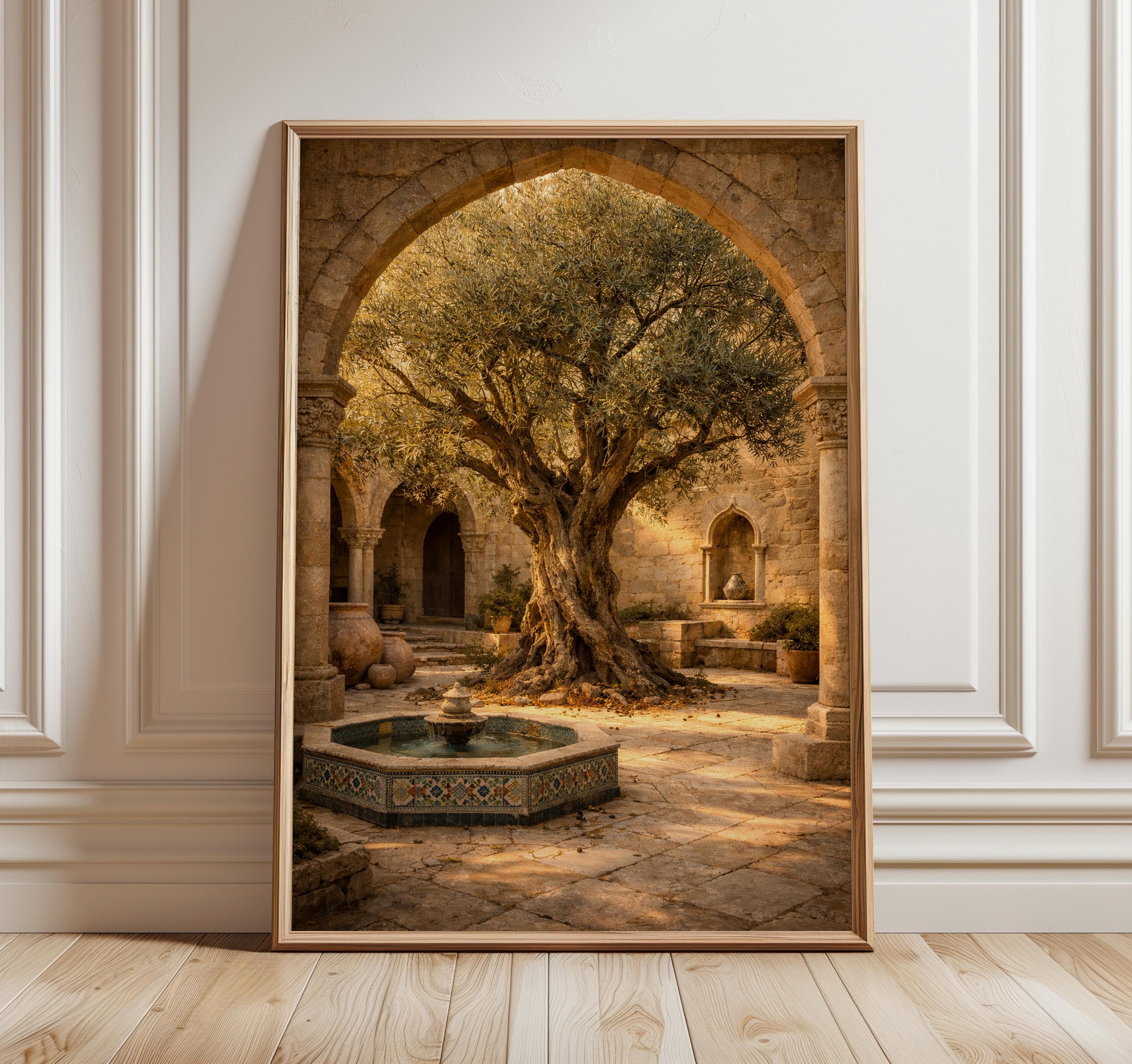 Olive Tree Courtyard Wall Art, Middle Eastern Garden Print, Palestine Stone Arch Poster, Rustic Fountain Decor