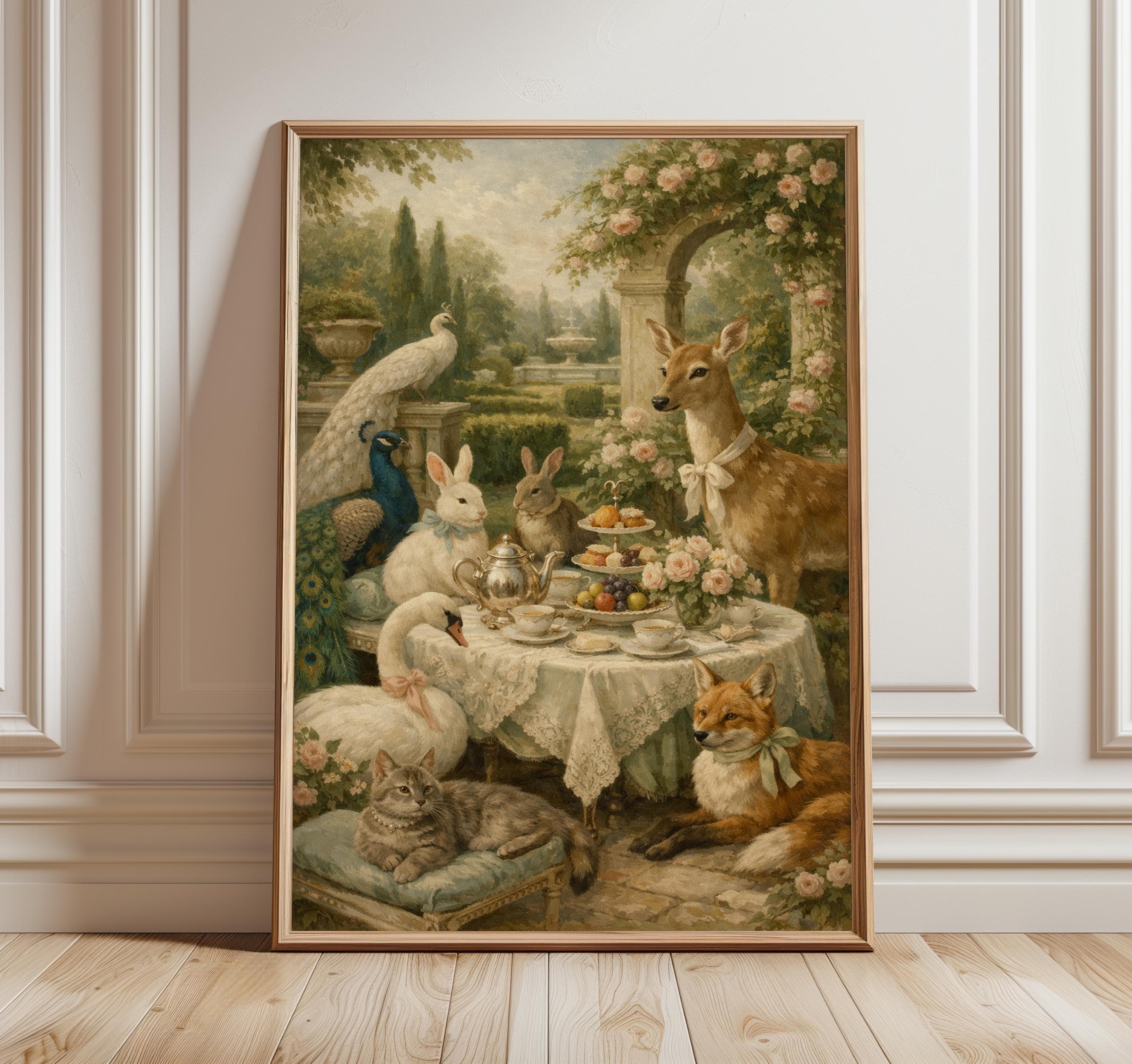 Vintage Garden Tea Party Wall Art, Whimsical Animal Painting, Cottagecore Wall Decor, Elegant Floral Afternoon Tea Print